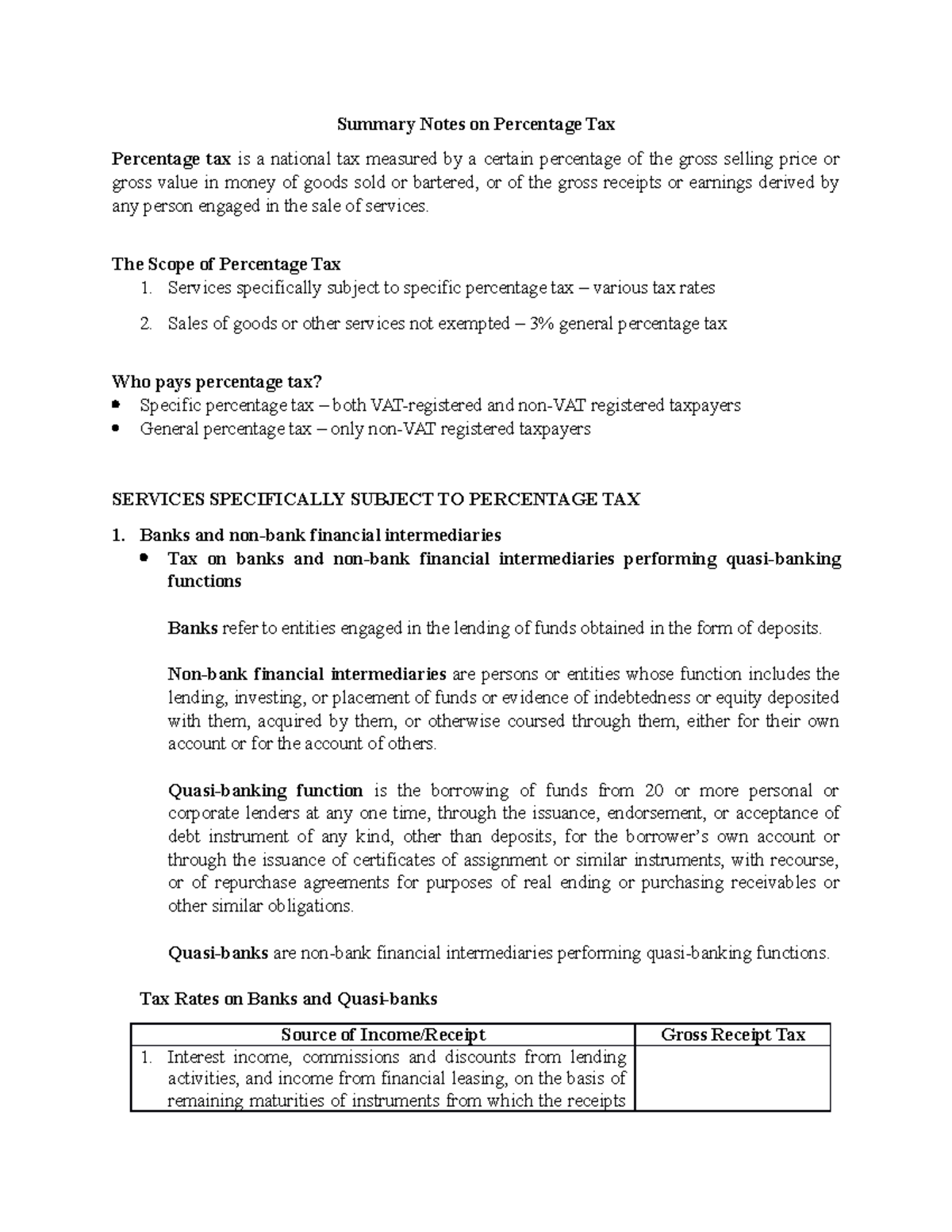 Final Exam Summary Notes on Percentage Tax (TAX101) - Studocu
