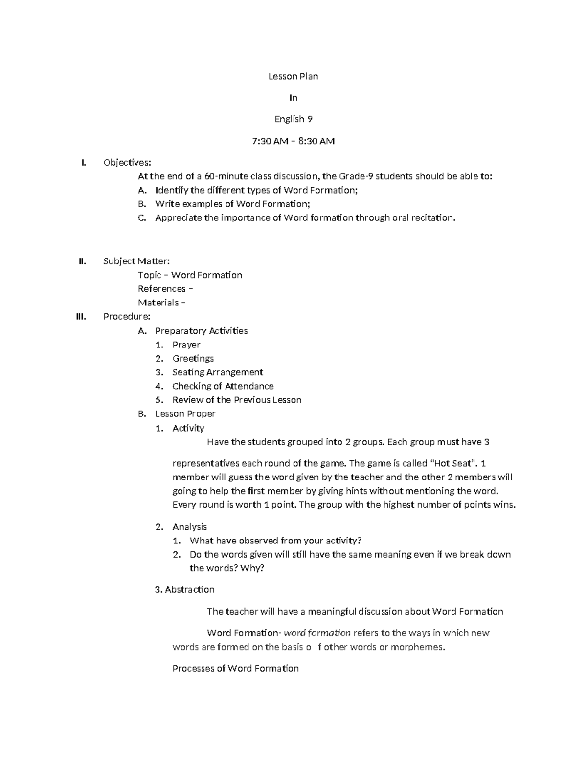 English 9 Lesson Plan: Word Formation Techniques and Activities - Studocu