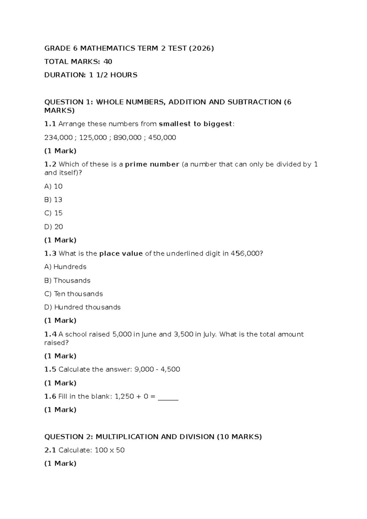Grade 6 Mathematics Term 2 Test (2026) - Total Marks: 40 - Studocu