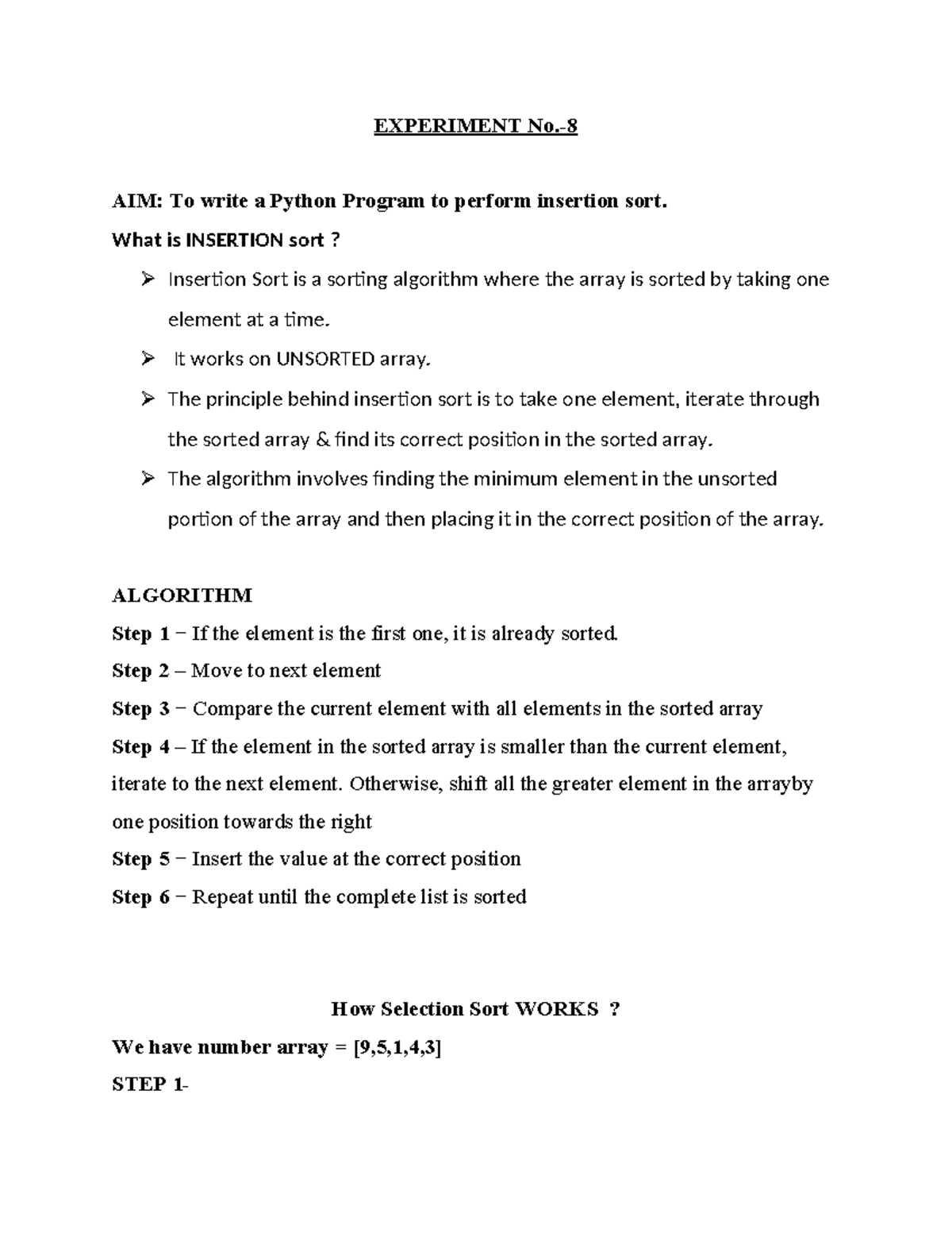 Python Practical-8: Insertion Sort Algorithm Explained - Studocu