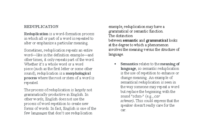 ELT 122 Reduplication and Derivational Morphology Overview - Studocu