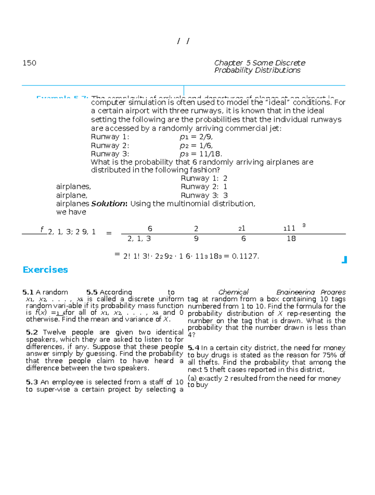 Chapter 5 Discrete Probability Distributions: Examples & Exercises ...