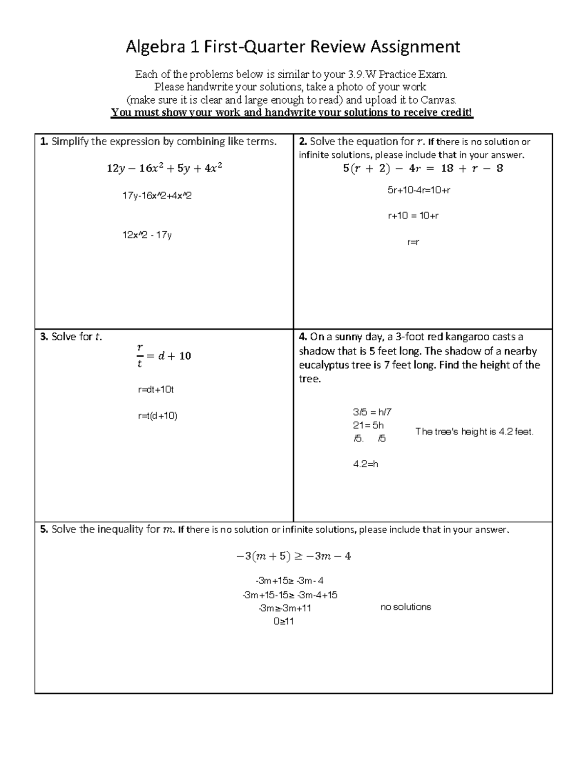 Algebra 1 First-Quarter Review Assignment - Algebra 1 First-Quarter ...