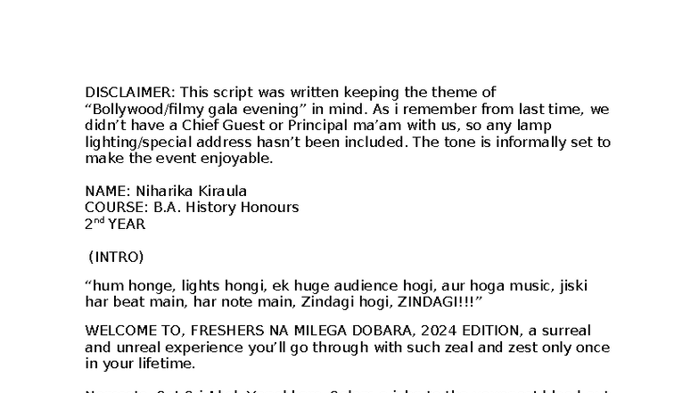 GCSC Freshers 2024: A Script for an Unforgettable Gala Event - Studocu