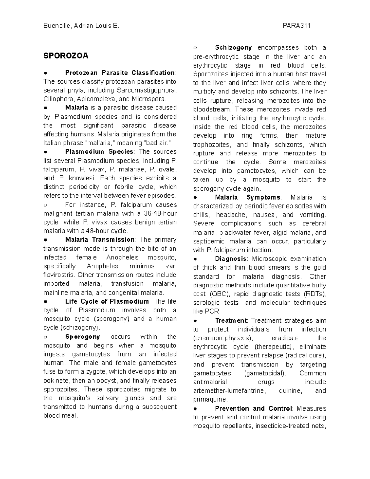 PARA311: Comprehensive Study Notes on Protozoan Parasites and Nematodes ...