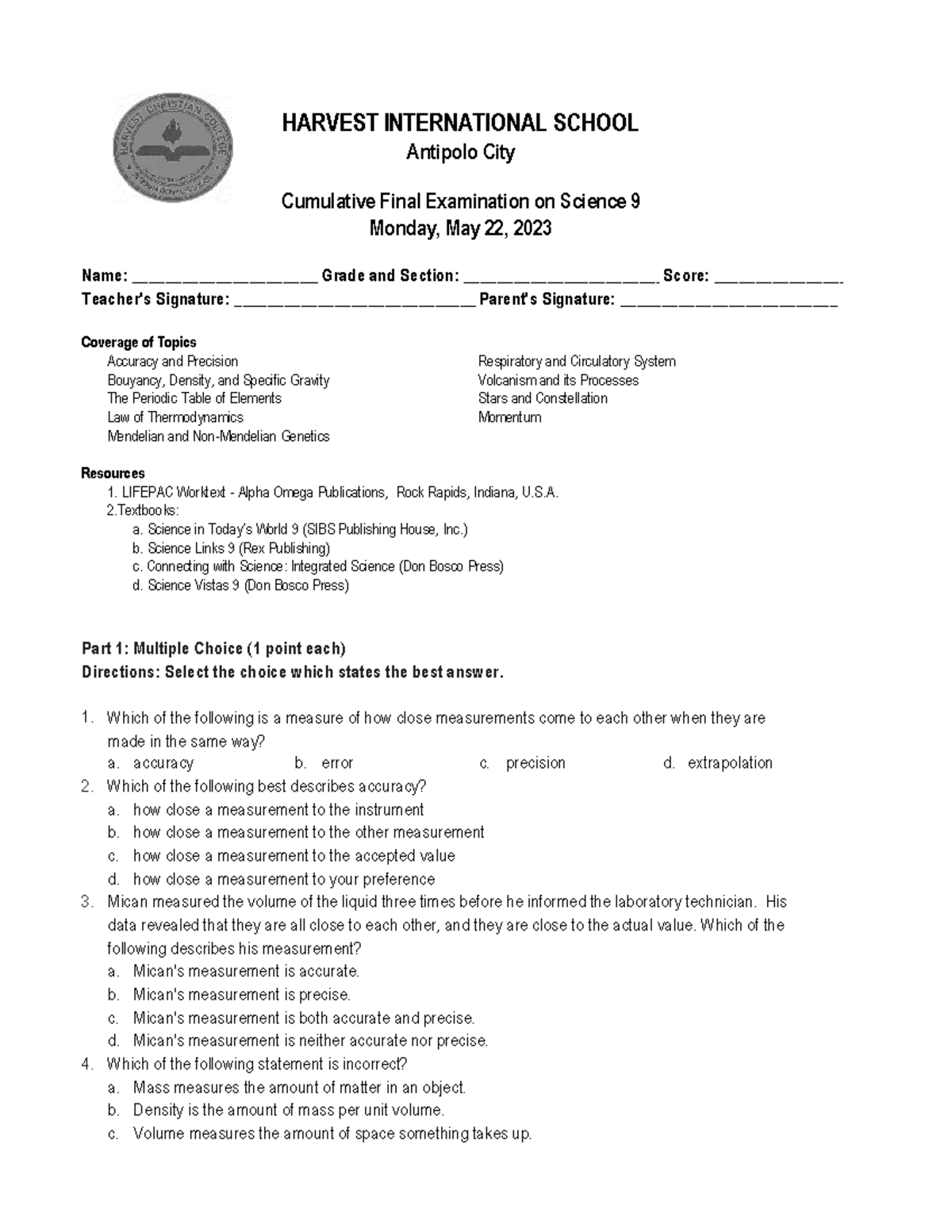 Science 9 CFE Study Guide and Exam Prep by M. Laniohan 2022-2023 - Studocu