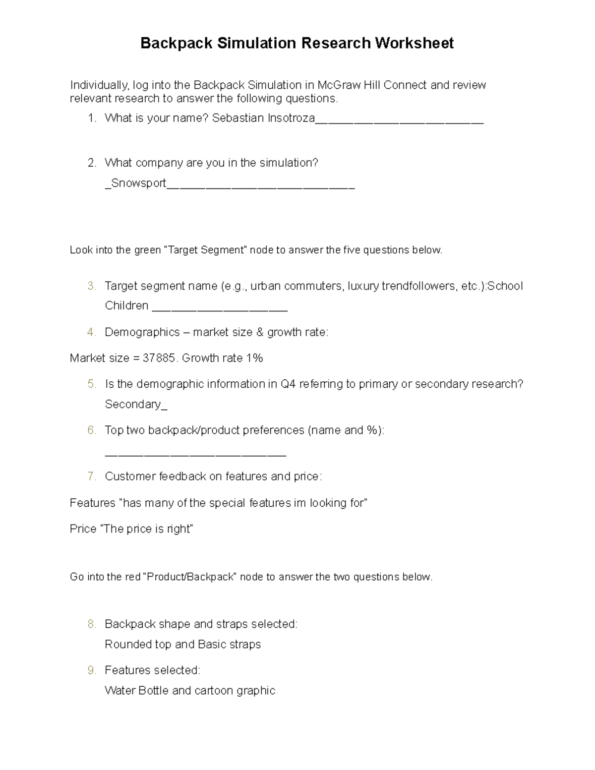 Ch 4 MKTG Research Simulation - Backpack Worksheet - McGraw Hill - Studocu