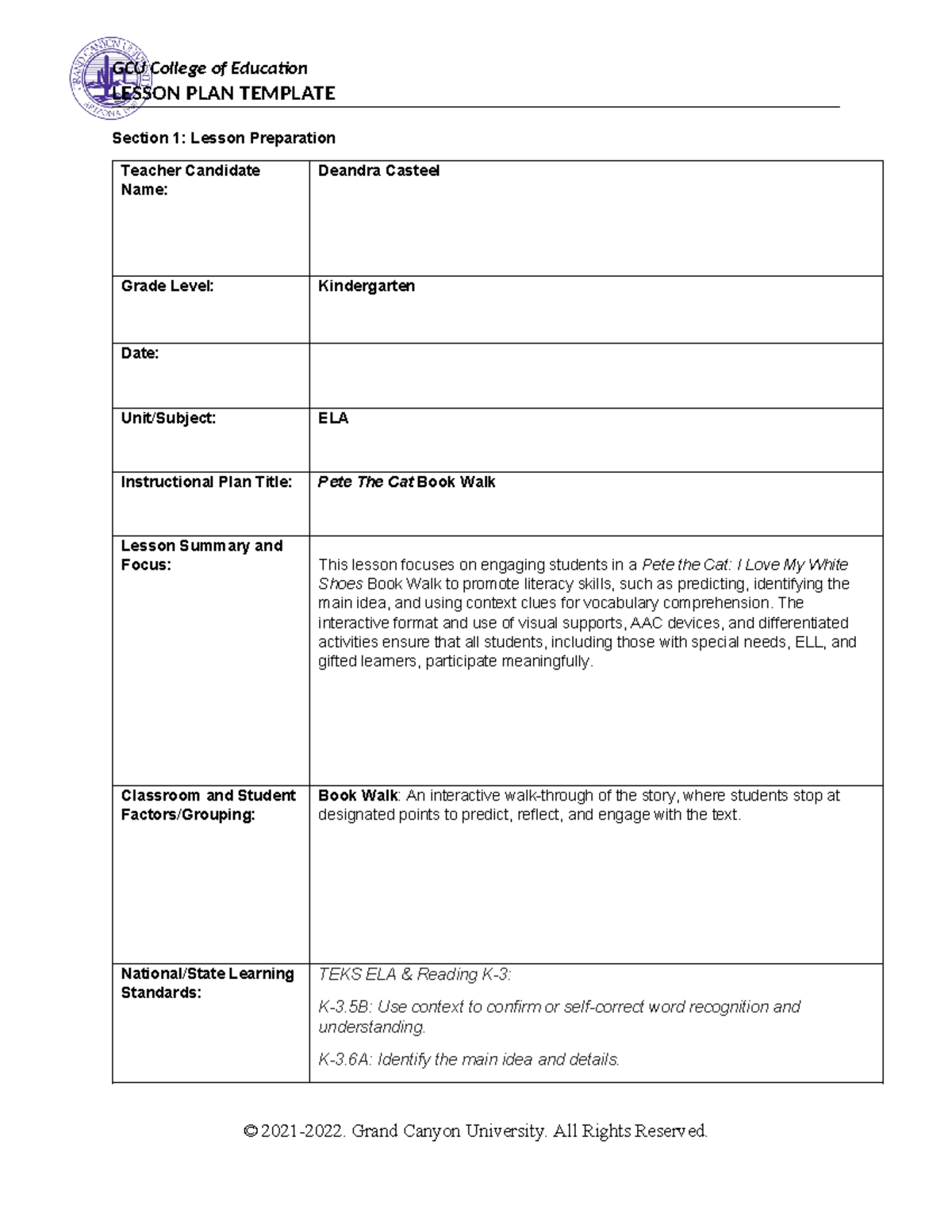 Pete the Cat Book Walk Lesson Plan for Kindergarten ELA - Studocu