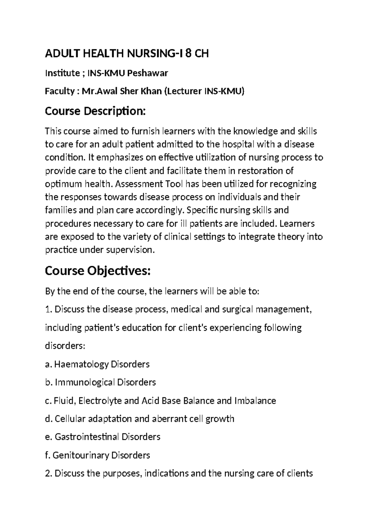 Adult Health Nursing-I GBSN: Comprehensive Course Overview & Objectives ...