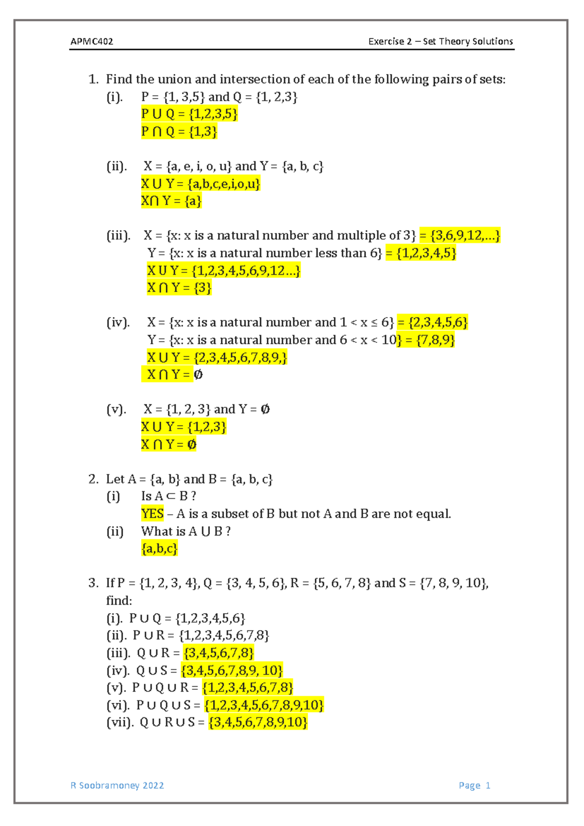 APMC402 Exercise 02: Set Theory Solutions and Calculations - Studocu