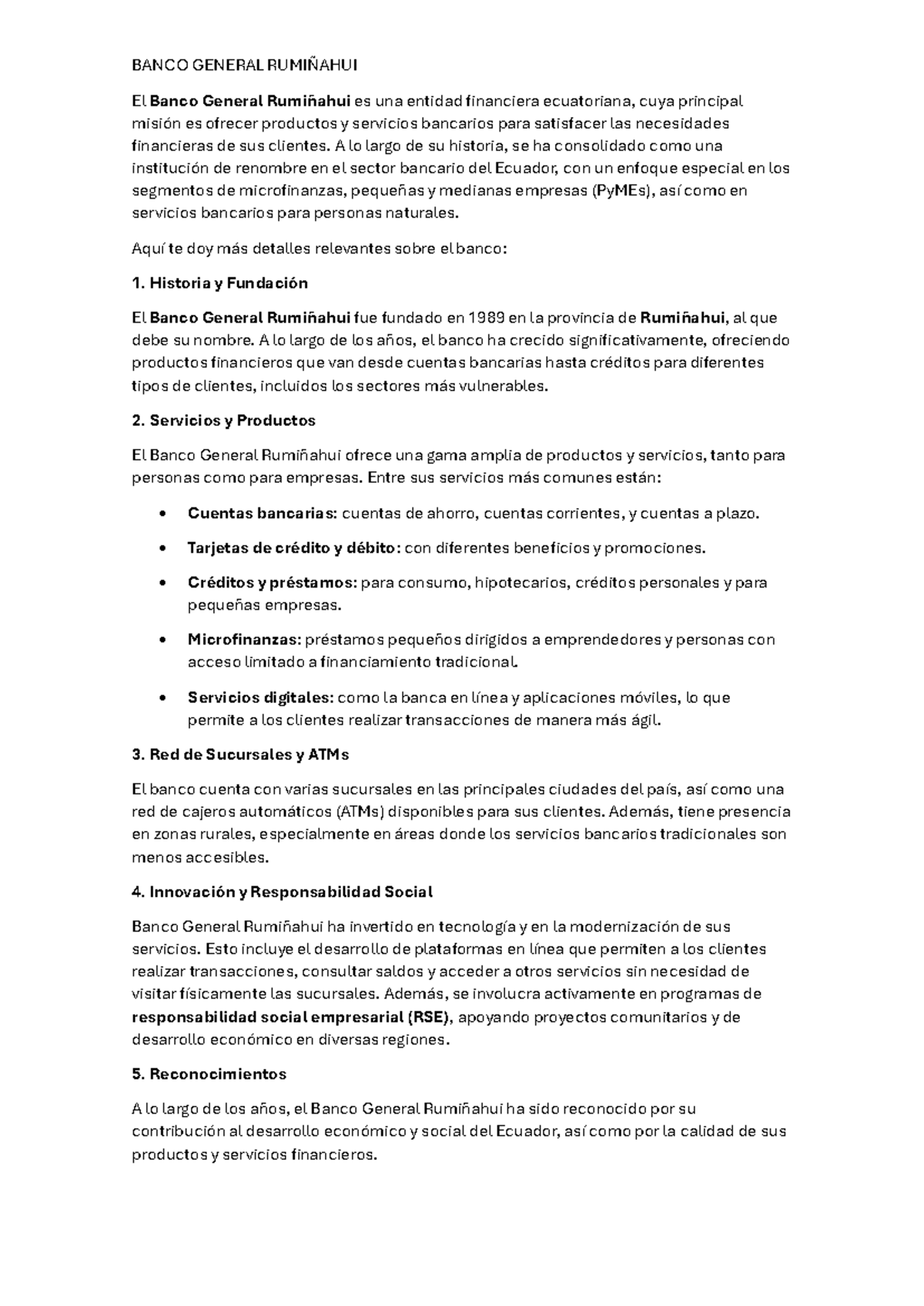 Estudio sobre el Banco General Rumiñahui: Historia y Servicios Clave ...