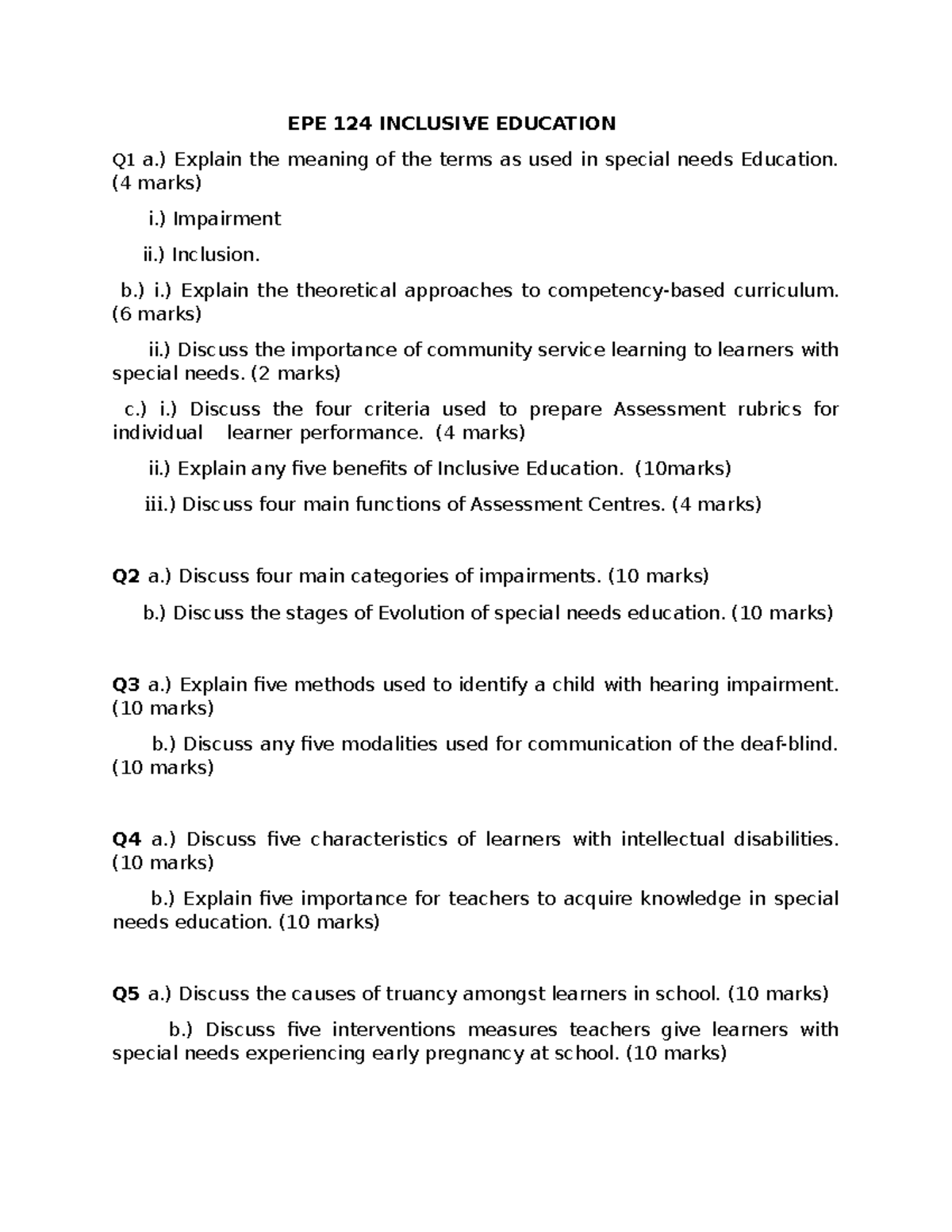 EPE 124 Inclusive Education - EPE 124 INCLUSIVE EDUCATION Q1 a ...