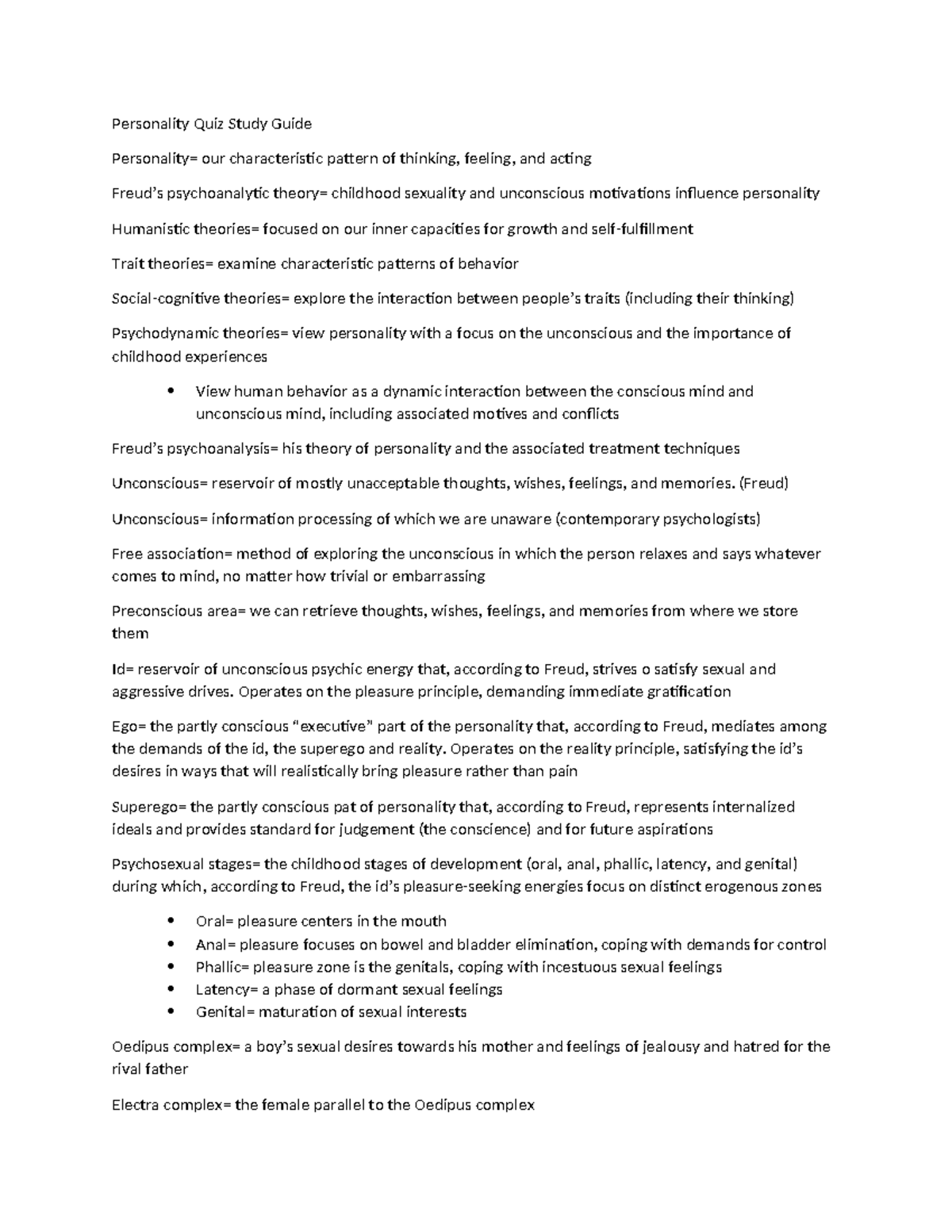 Quiz 4 Study Guide: Key Theories of Personality and Freud's Concepts ...