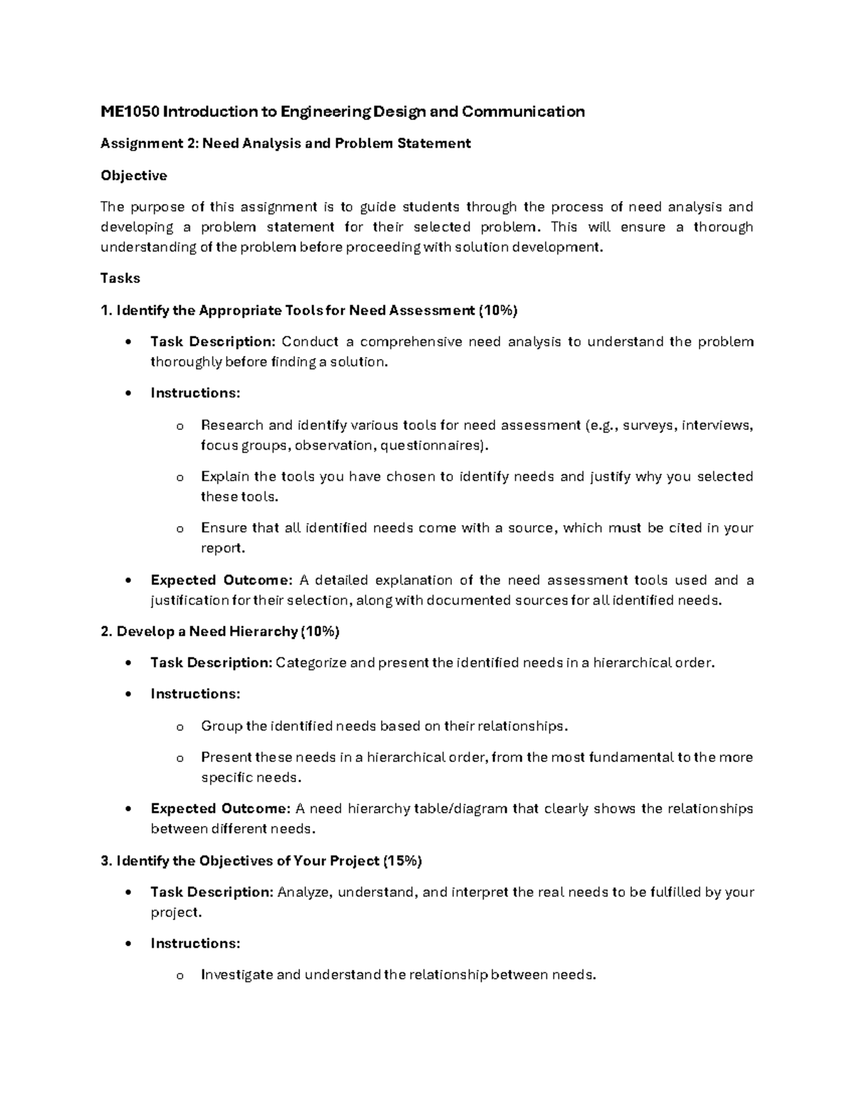 ME1050 Assignment 2: Need Analysis & Problem Statement Guide - Studocu
