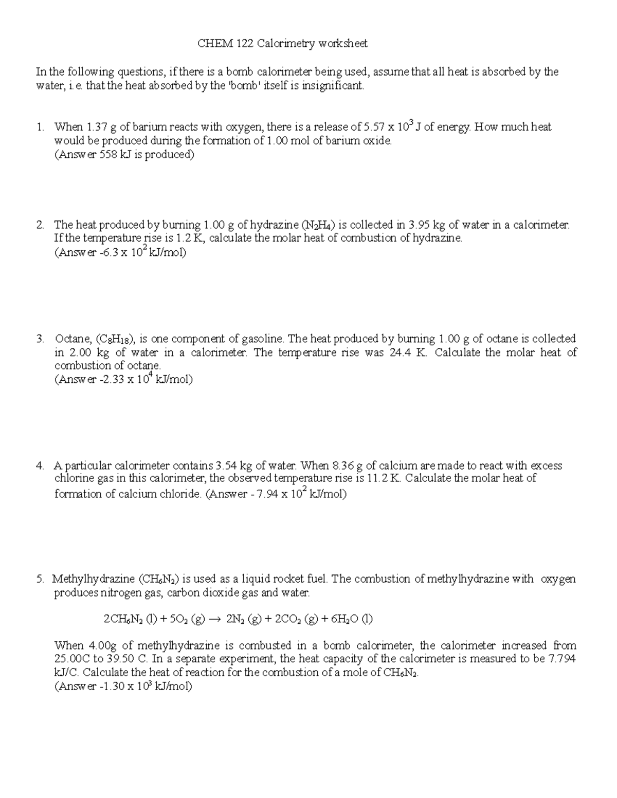 CHEM 122 Calorimetry Worksheet with Answers - 2019 Edition - Studocu