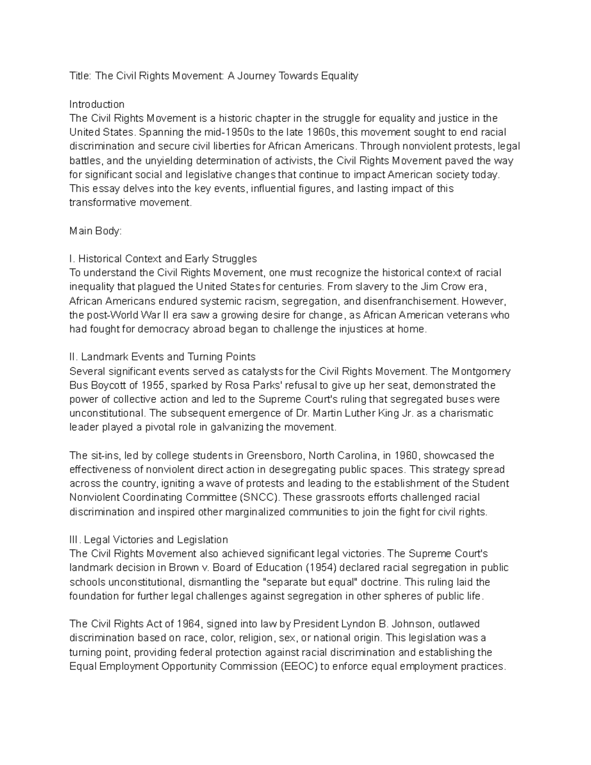 ESSAY ON US HISTORY: The Civil Rights Movement and Its Impact - Studocu