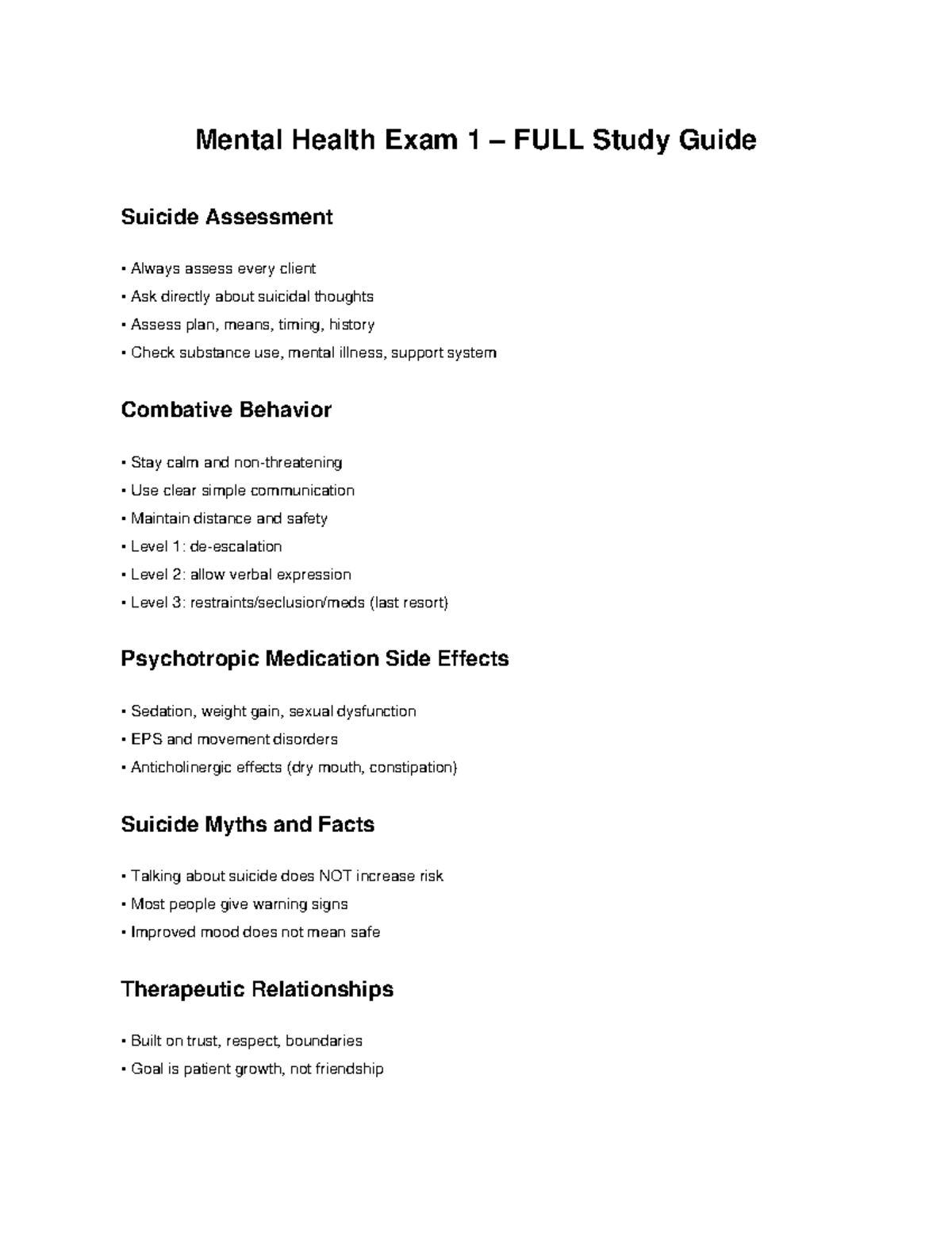 Mental Health NUR 101 Exam 1 Comprehensive Study Guide - Studocu