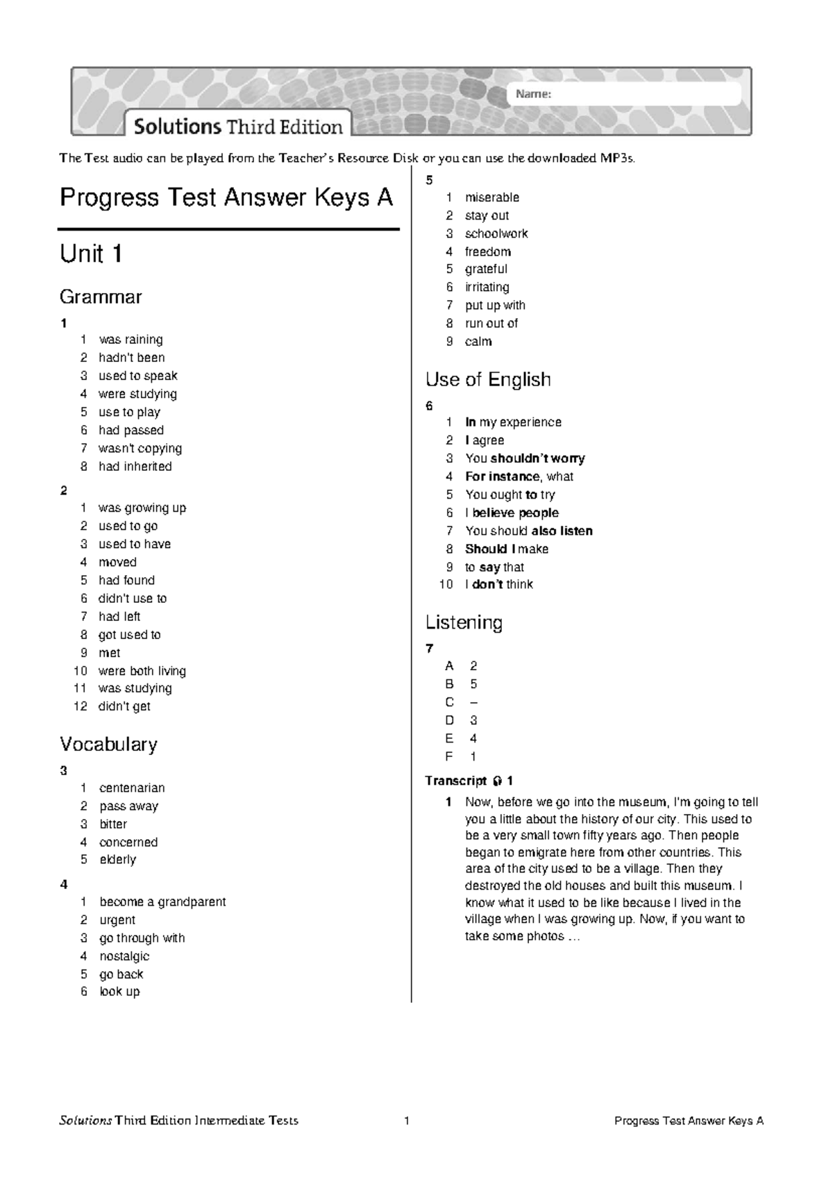 Sol3e Progress Test A Answer Keys and Listening Transcripts - Studocu