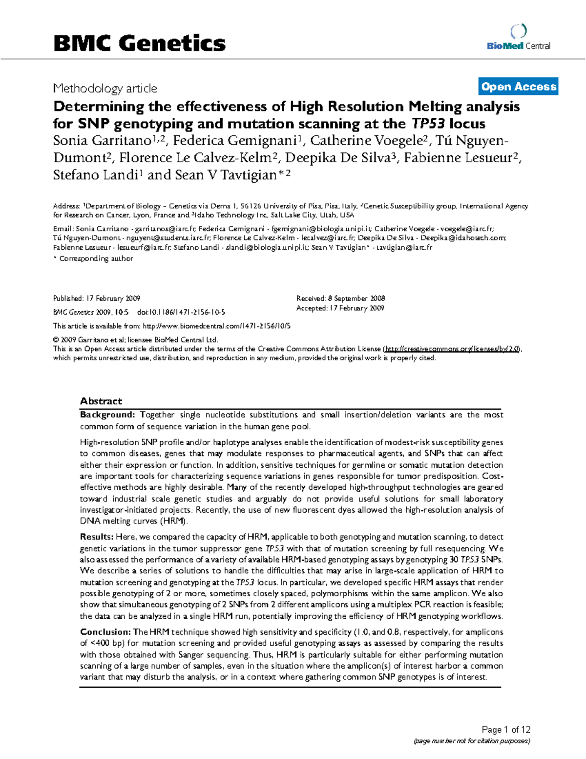 HRM Analysis for SNP Genotyping at TP53 Locus: BMC Genetics 2009, 10:5 ...