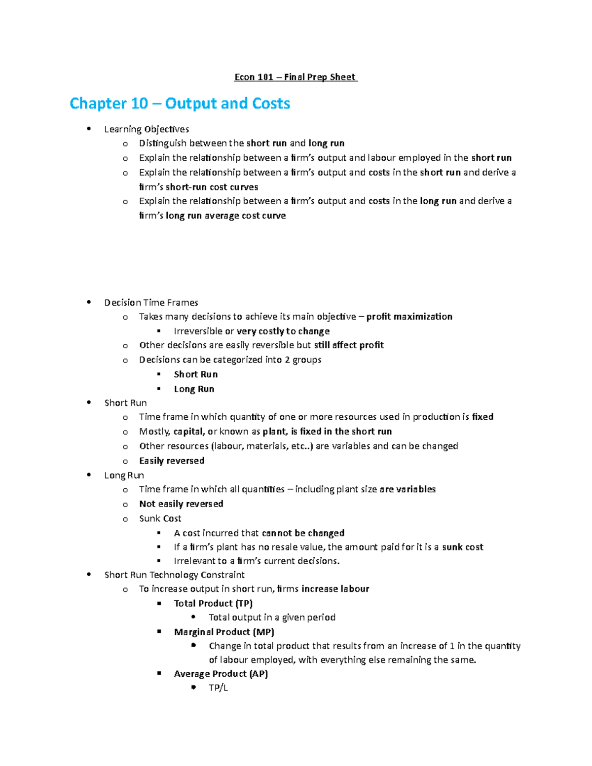 ECON 101 - Final Exam Notes: Output, Costs, and Decision Time Frames ...