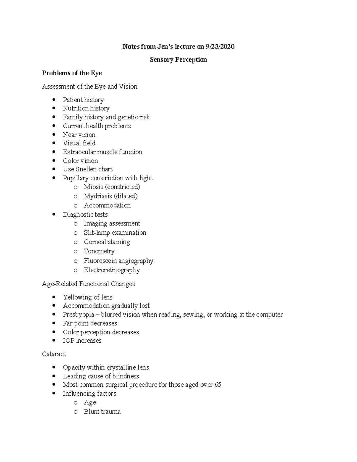 Lecture Notes on Sensory Problems: Eyes and Ears (9/23) - Studocu