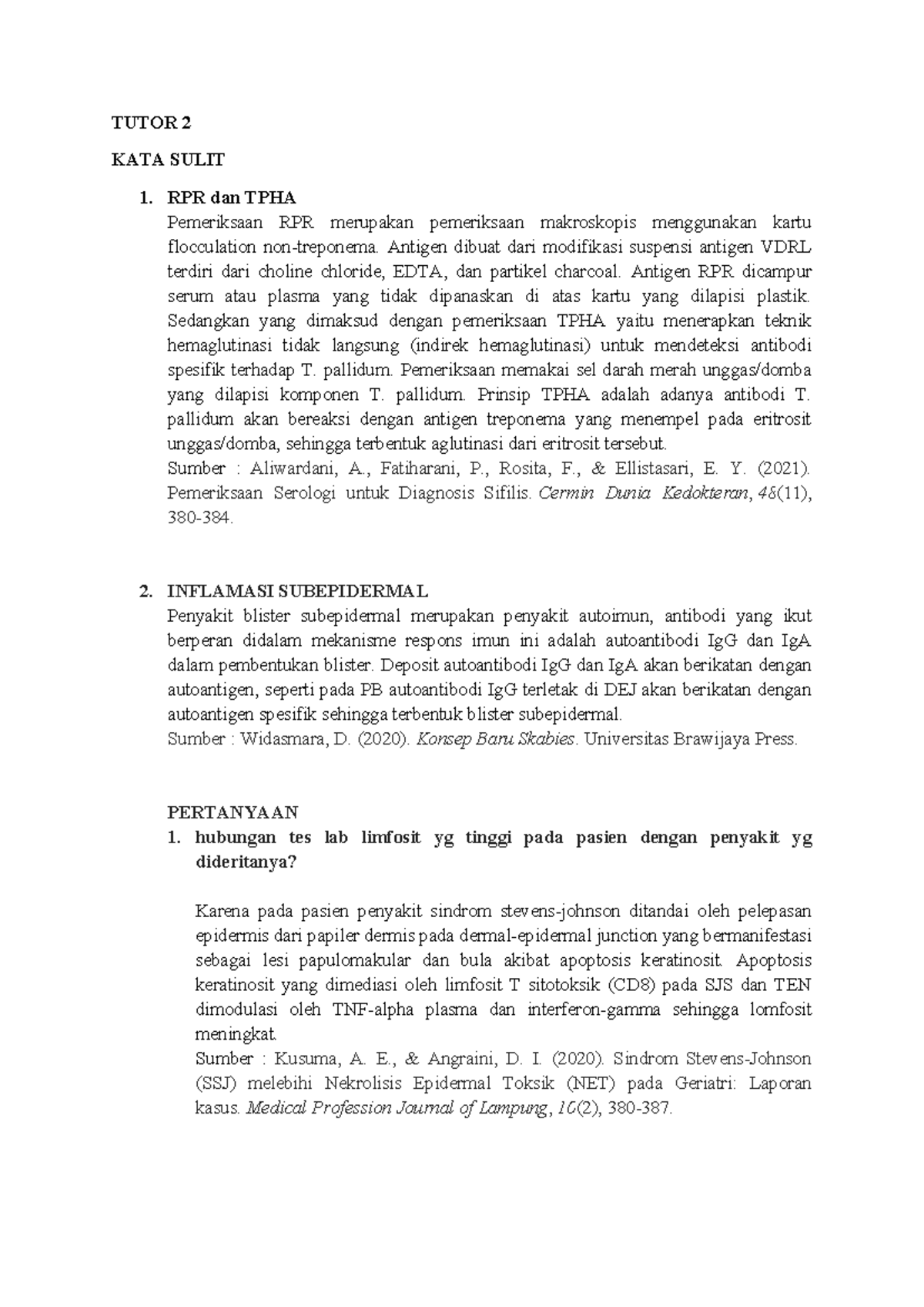 Tutor 2: RPR dan TPHA dalam Pemeriksaan Serologi Sifilis - Studocu