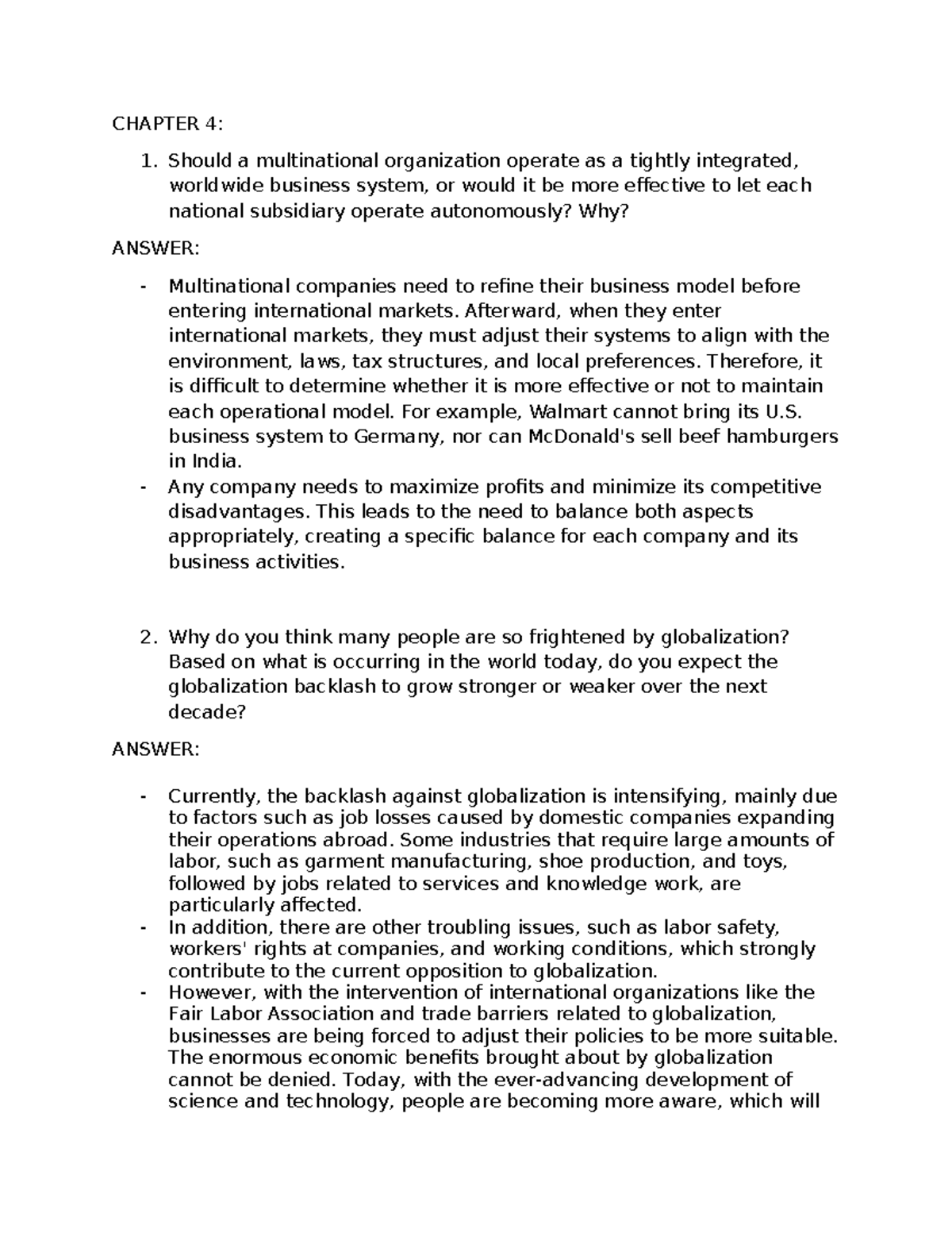 Chapter 4 - Homework: Globalization and Multinational Operations - Studocu