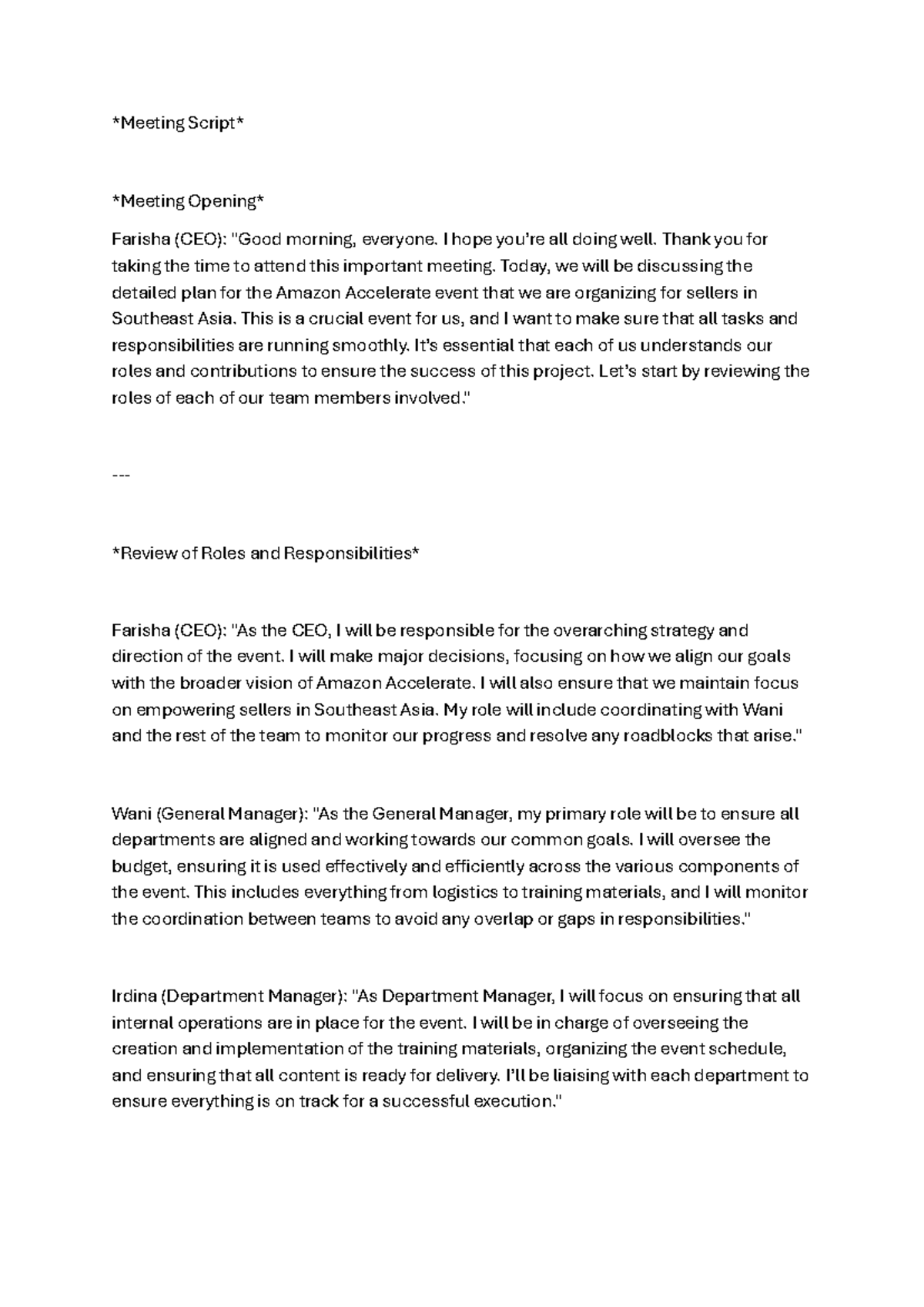 Amazon Accelerate Event Planning Meeting Script - MGT - Studocu