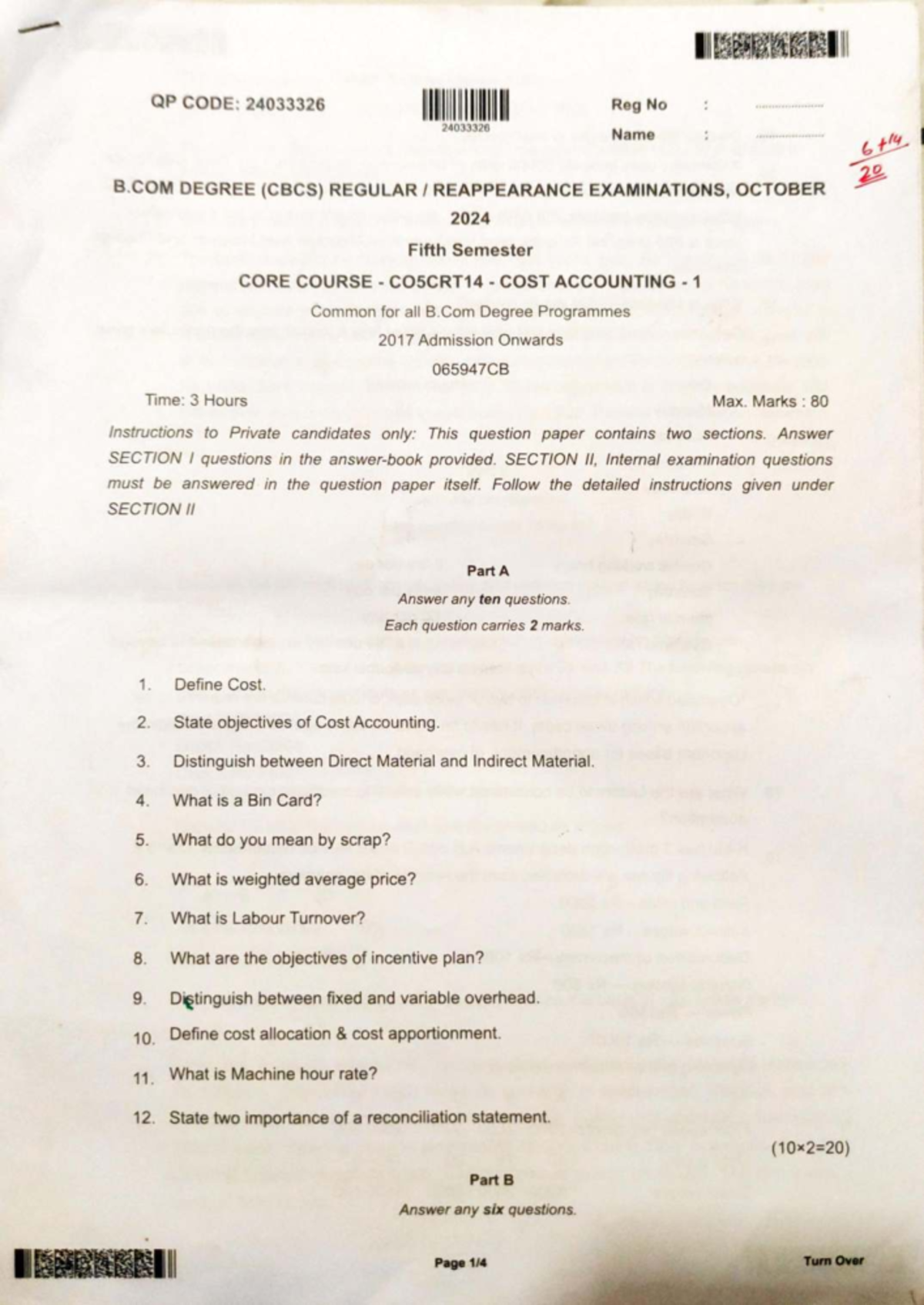 Cost Accounting QP: B.COM 5th Sem Regular Exam, Oct 2024 - Studocu