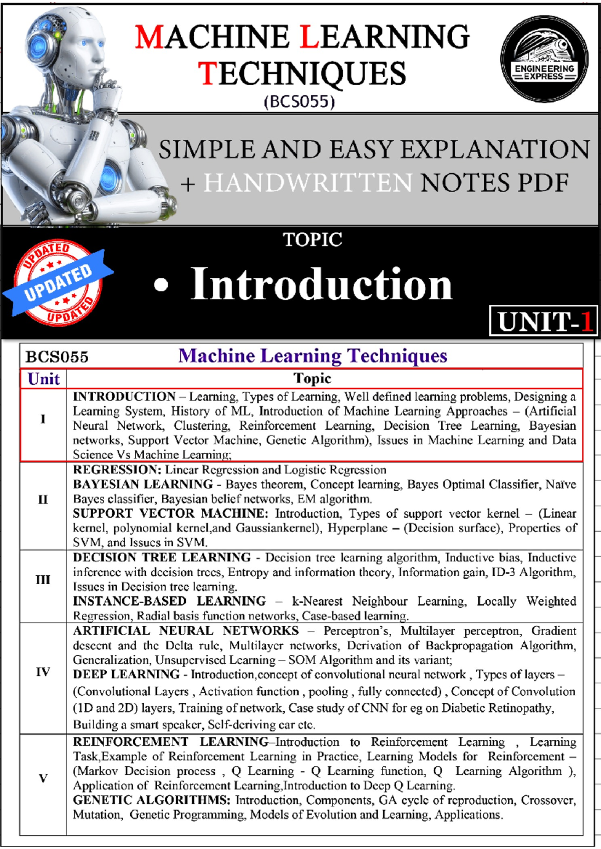 MACHINE LEARNING TECHNIQUES (BCS055) HANDWRITTEN NOTES PDF - Studocu