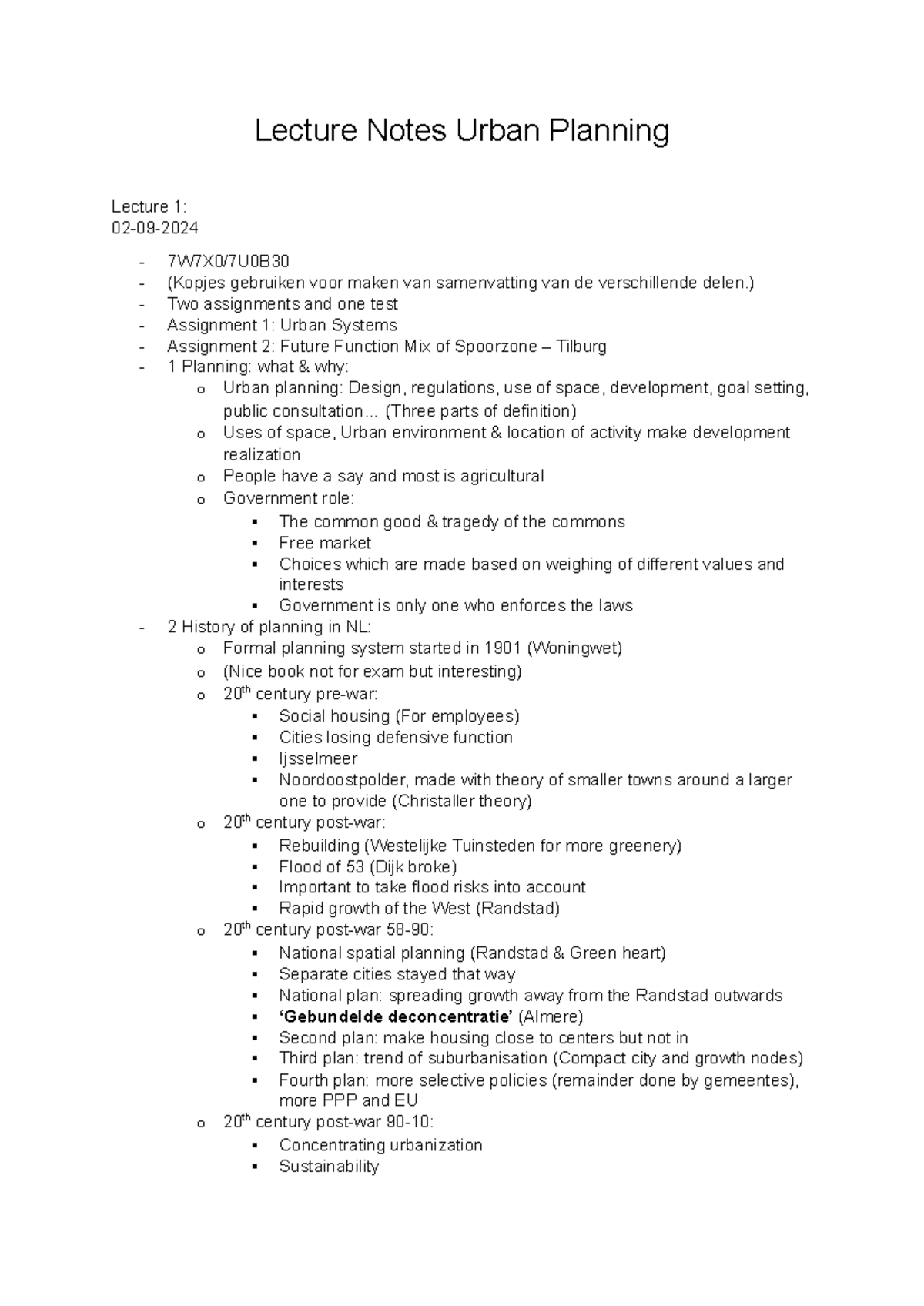 Lecture Notes on Urban Planning: Concepts & Theories 7W7X0 - Studeersnel