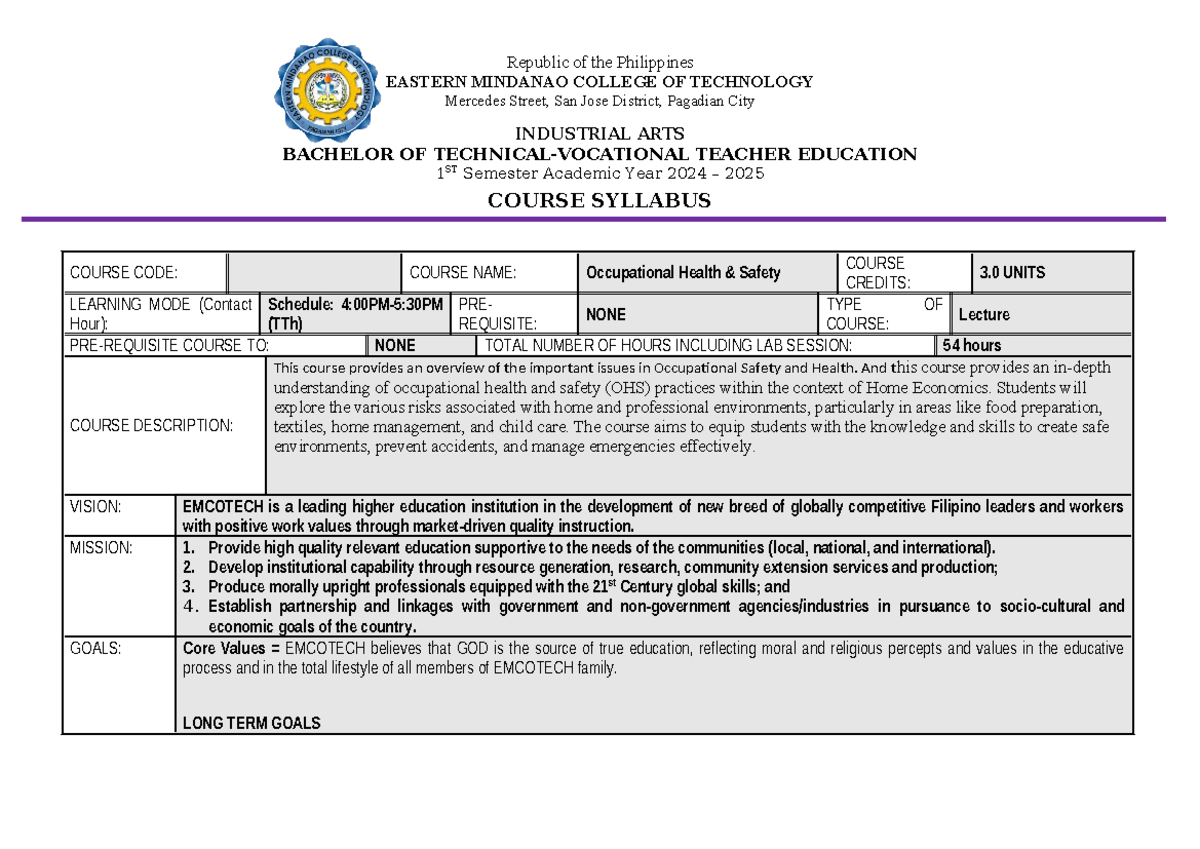 Occupational Health & Safety Syllabus (OHSP 1st Sem 2024-2025) - Studocu