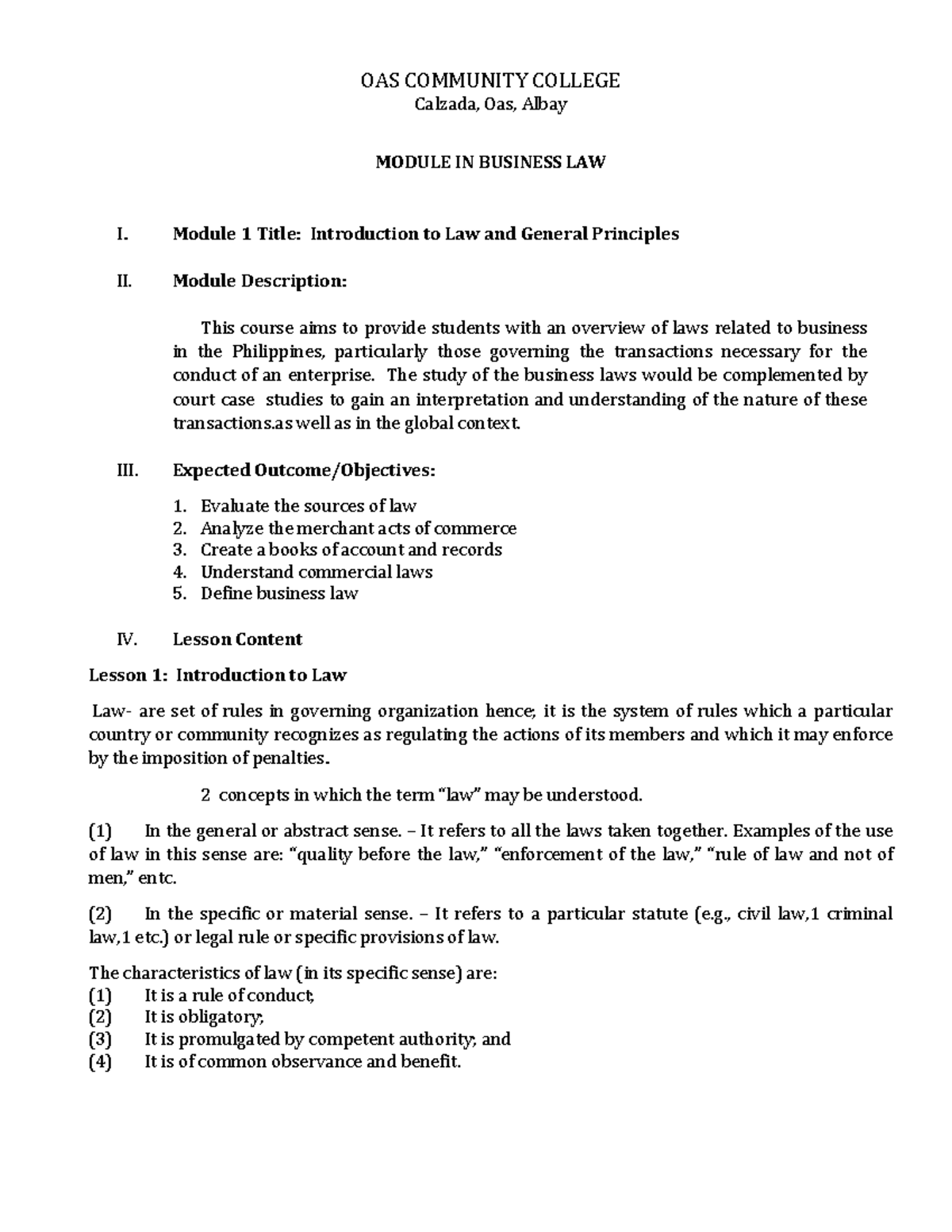BUS LAW I Module 01: Intro to Law & General Principles Overview - Studocu