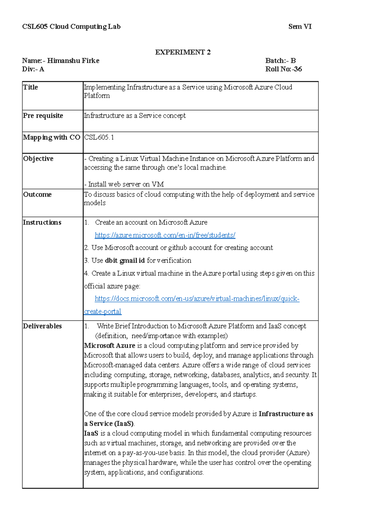 CSL605 Cloud Computing Lab Sem VI: IaaS Implementation on Azure - Studocu