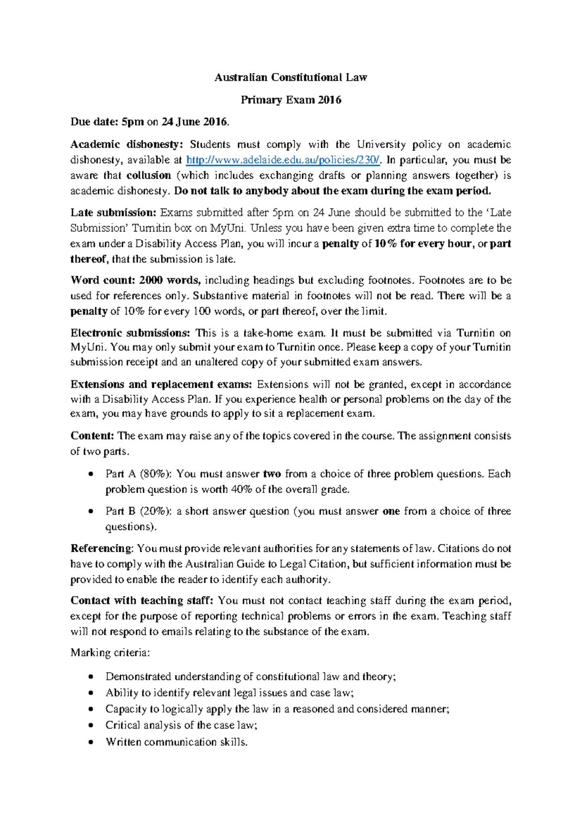 2016 Australian Constitutional Law Take-Home Exam Final Guide - Studocu