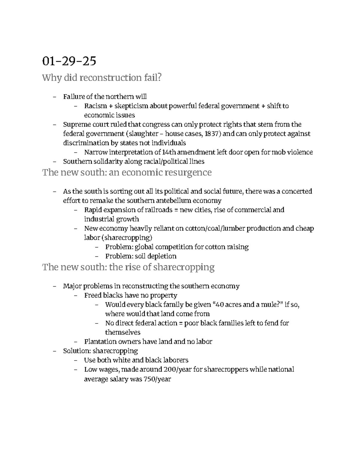 HIST 1200 2 - Second lecture - 01-29- Why did reconstruction fail ...