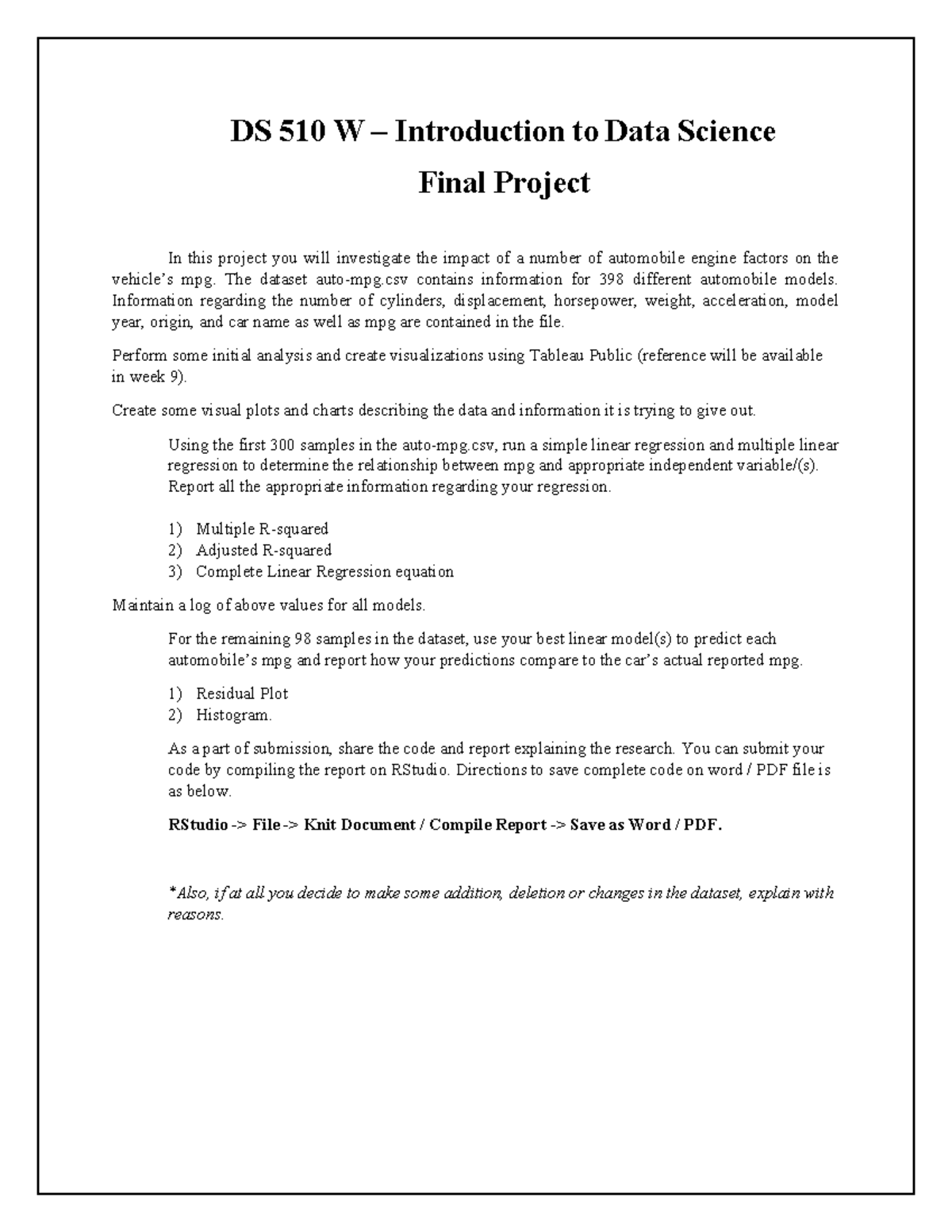 Final Project - DS 510 W: Analyzing Automobile MPG Factors - Studocu