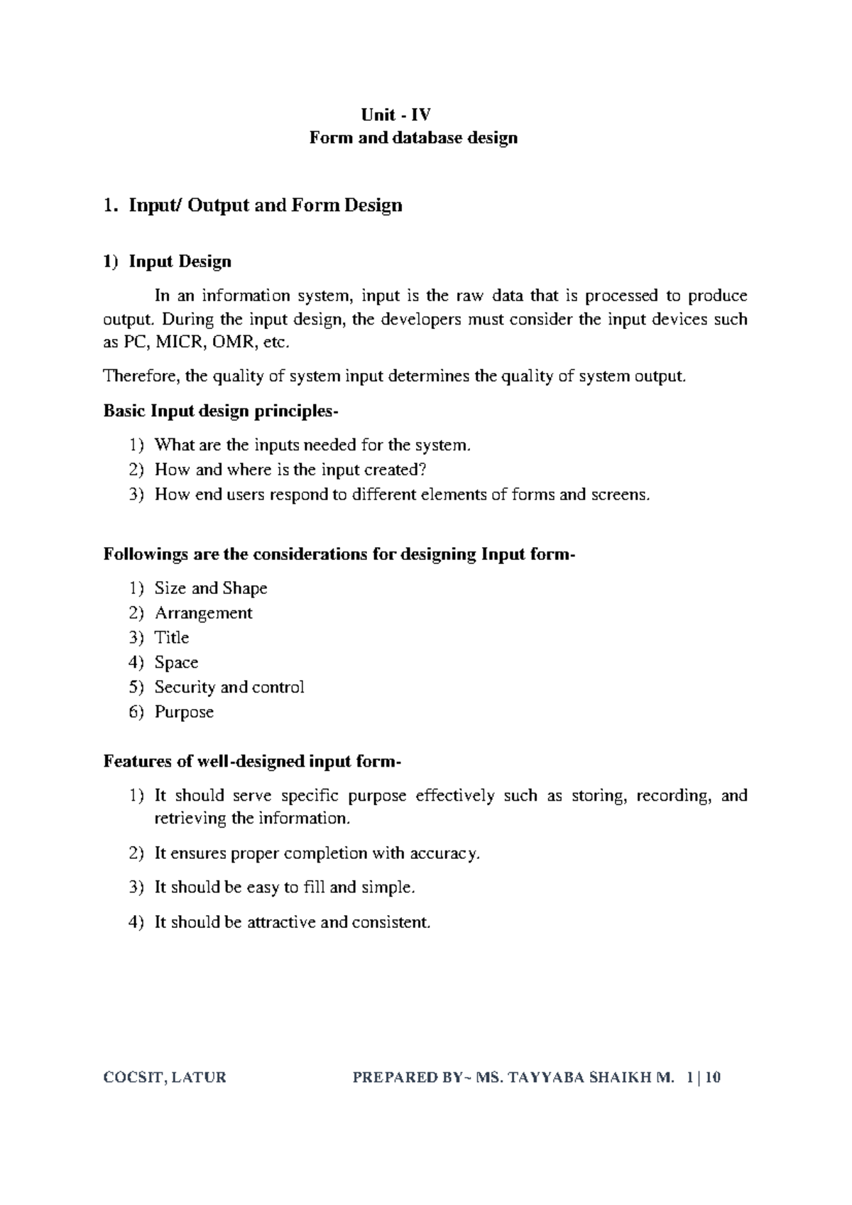 System Analysis and Design: Input, Output & Form Design Notes - Studocu