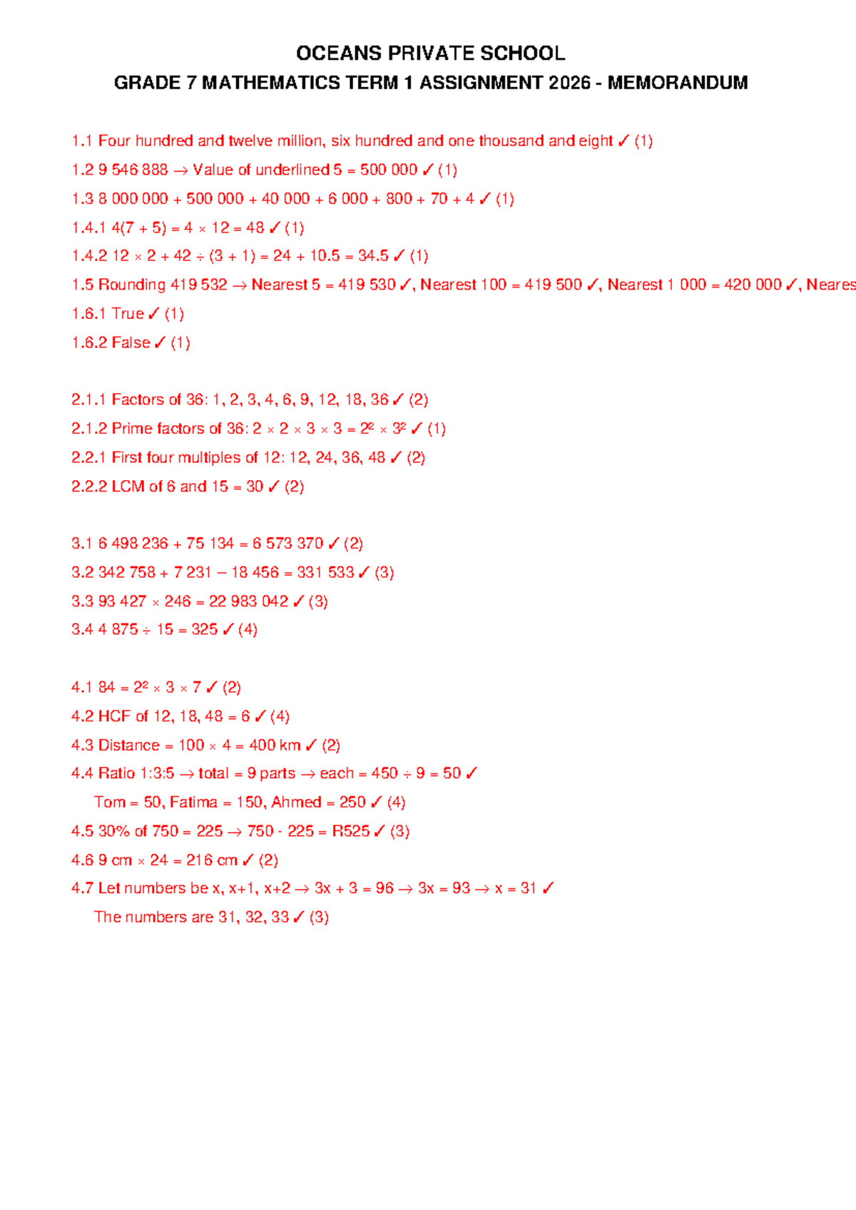 OCEANS PRIVATE SCHOOL GRADE 7 MATHEMATICS TERM 1 ASSIGNMENT 2026 MEMO ...
