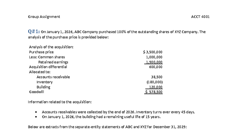 Group Assignment ACCT 4001: Analysis of ABC's Acquisition of XYZ ...