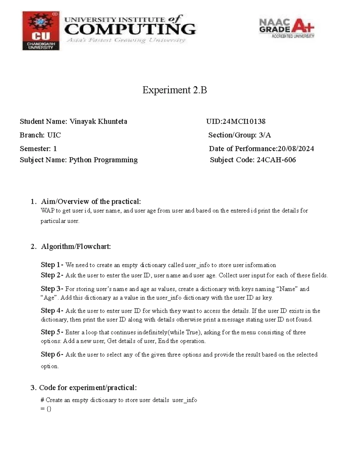 Amrita, python Ex. 1 - 10 - Experiment NO. 1 Aim : Implementation of ...
