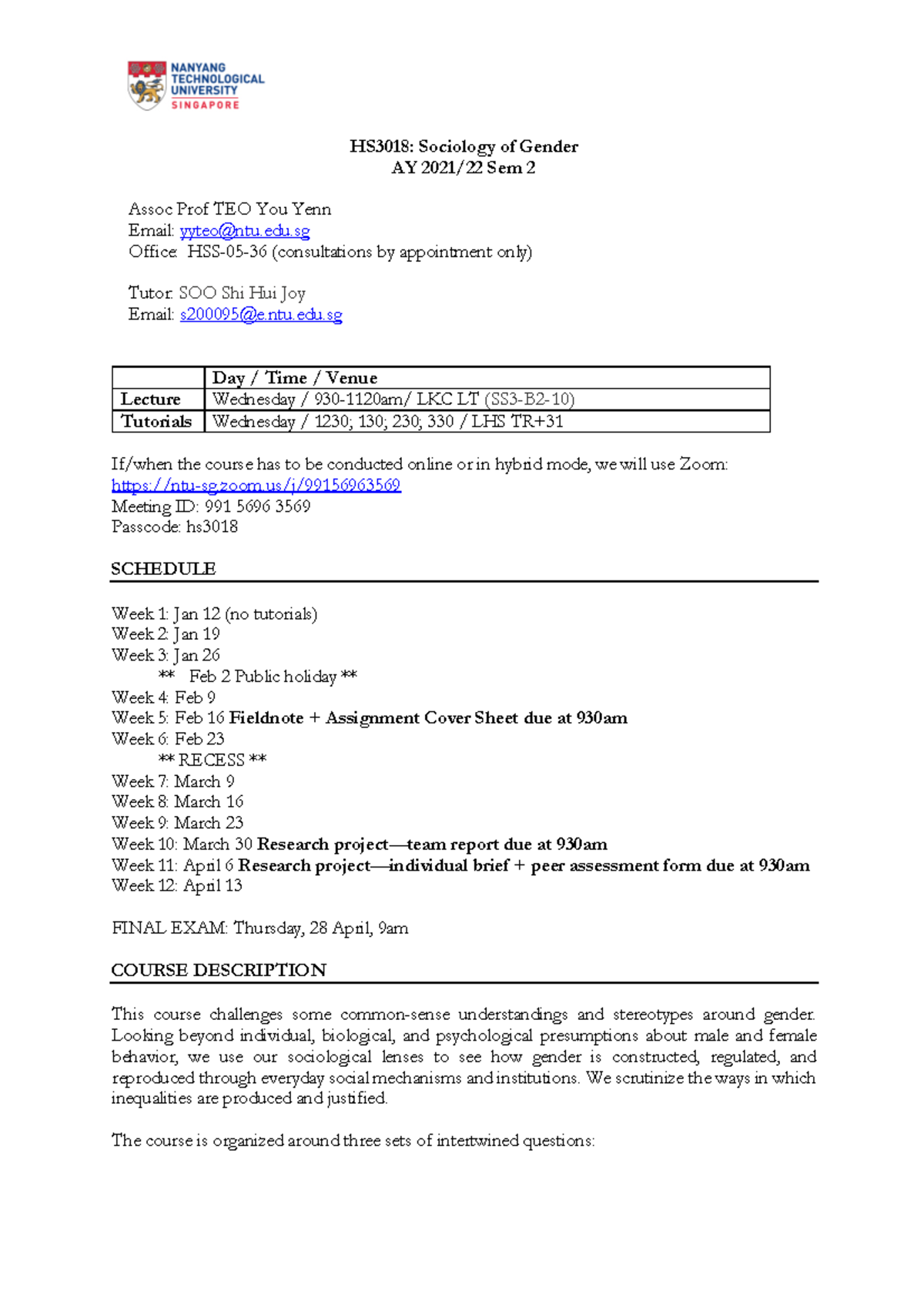 HS3018 Course Outline: Sociology of Gender - AY 2021/22 Sem 2 - Studocu