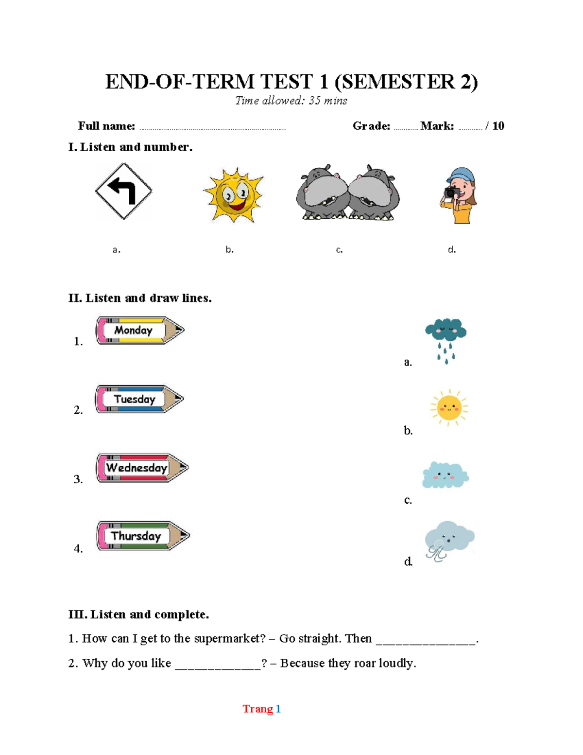 TEST 1 (SEMESTER 2) Listening and Reading Exercises - Studocu