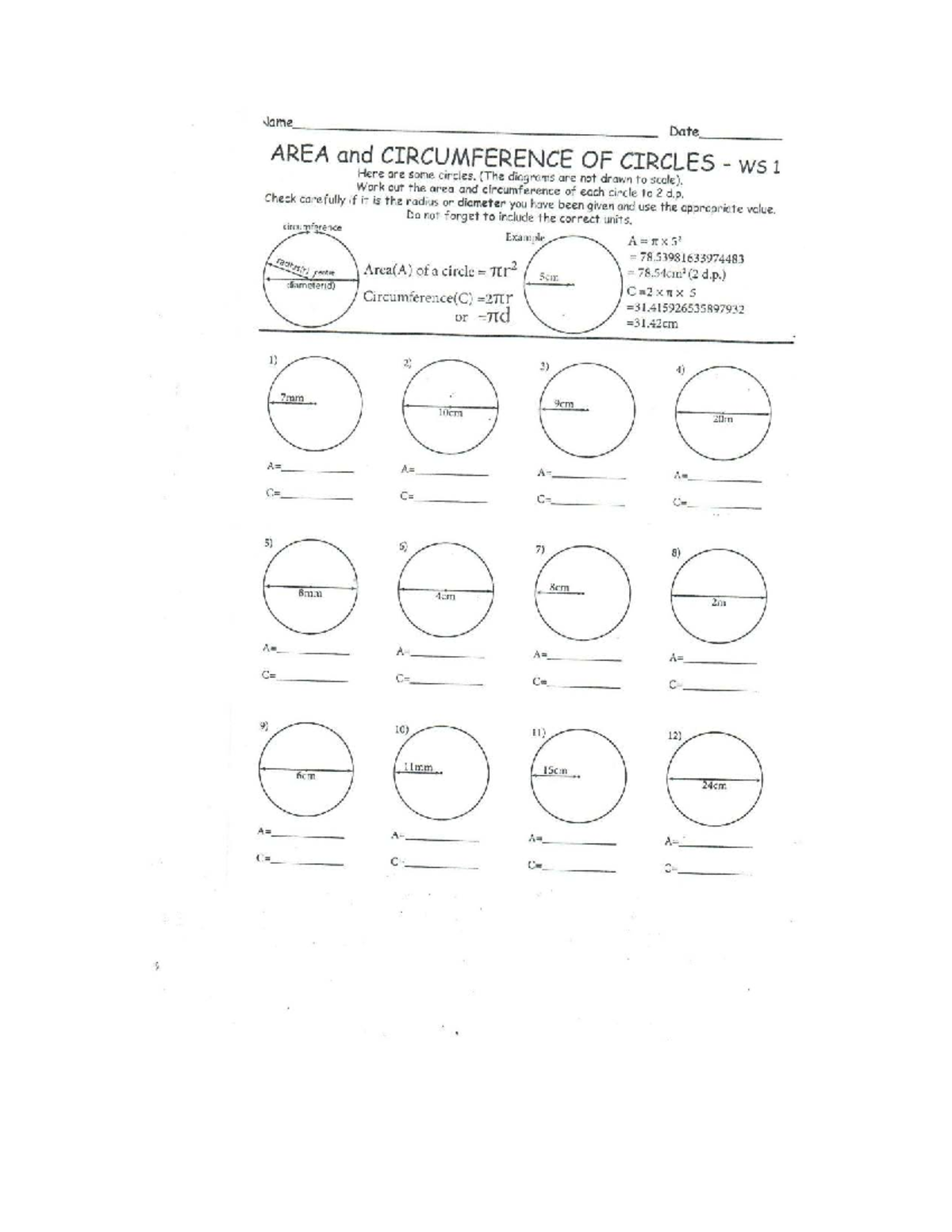 MATH 101: Area and Circumference of Circles WS 1 - Studocu