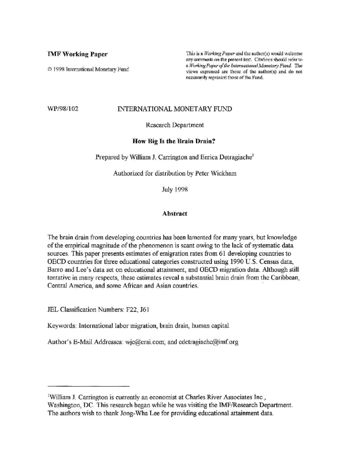 IMF Working Paper: Assessing the Impact of Brain Drain on India - Studocu
