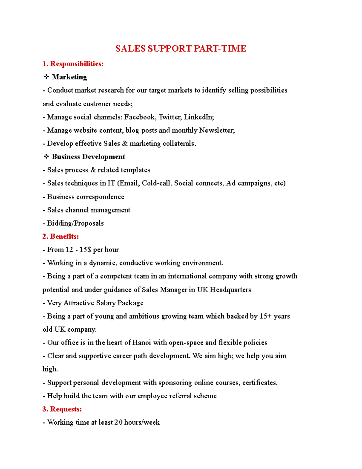Sales Support PART-TIME - SALES SUPPORT PART-TIME 1. Responsibilities ...