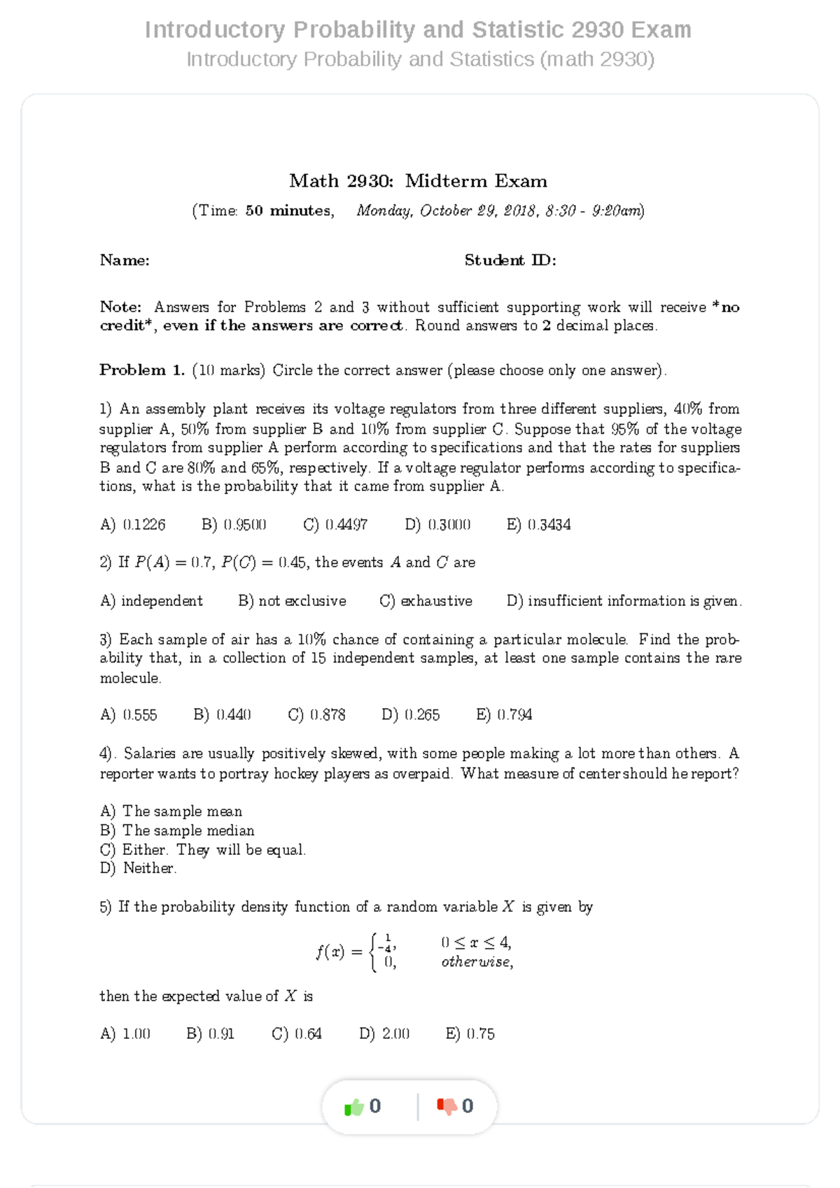 Math 2930: Midterm Exam on Introductory Probability & Statistics - Studocu