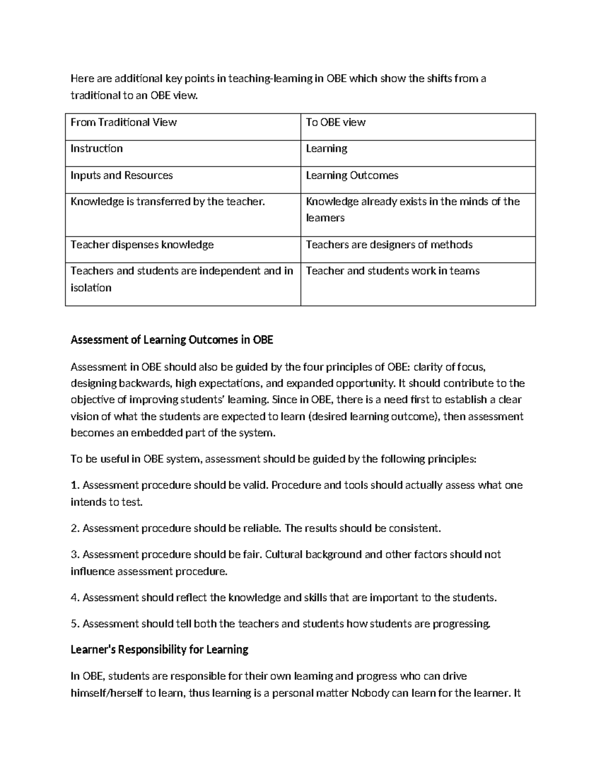 OBE Principles: Shifts from Traditional to Outcome-Based Education (OBE ...