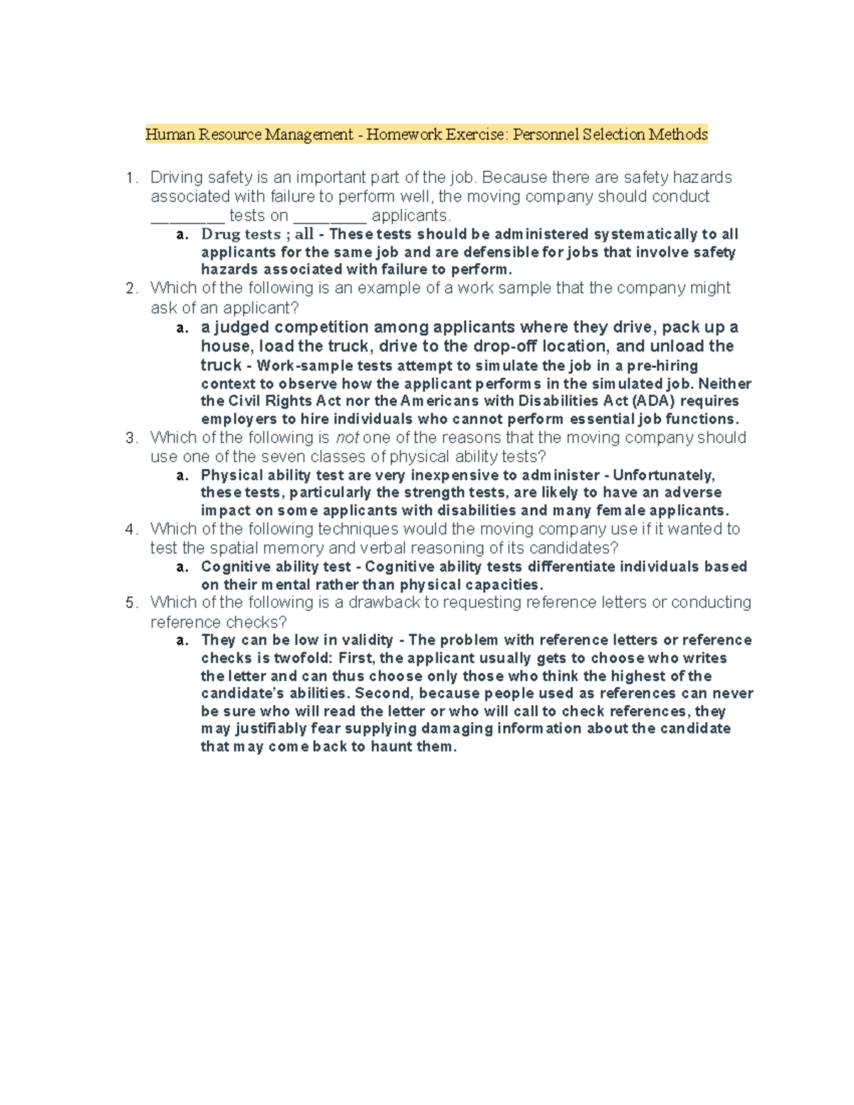 HRM - Homework Exercise on Personnel Selection Methods - Studocu