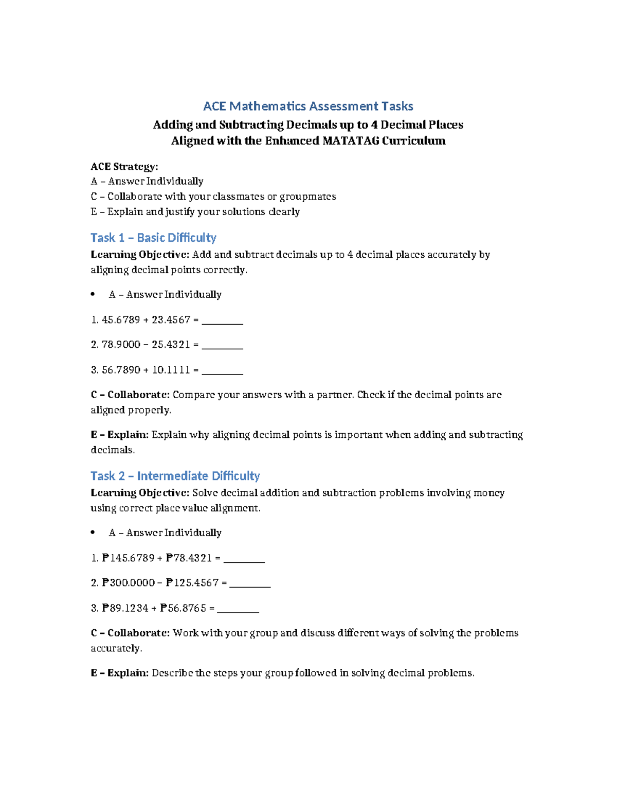 ACE Assessment Tasks: Adding & Subtracting Decimals (MATATAG) - Studocu